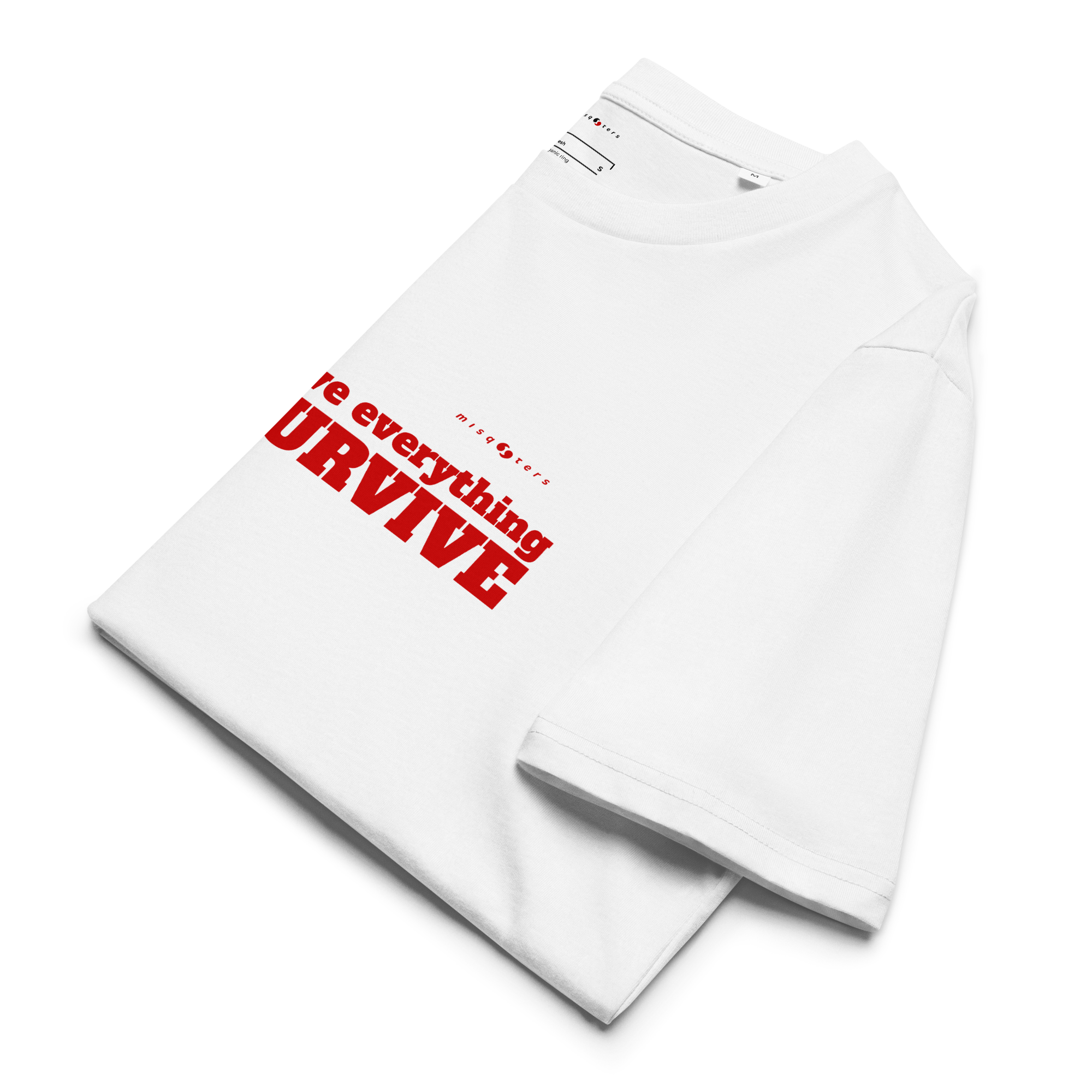 folded white t-shirt with a red text and a white background