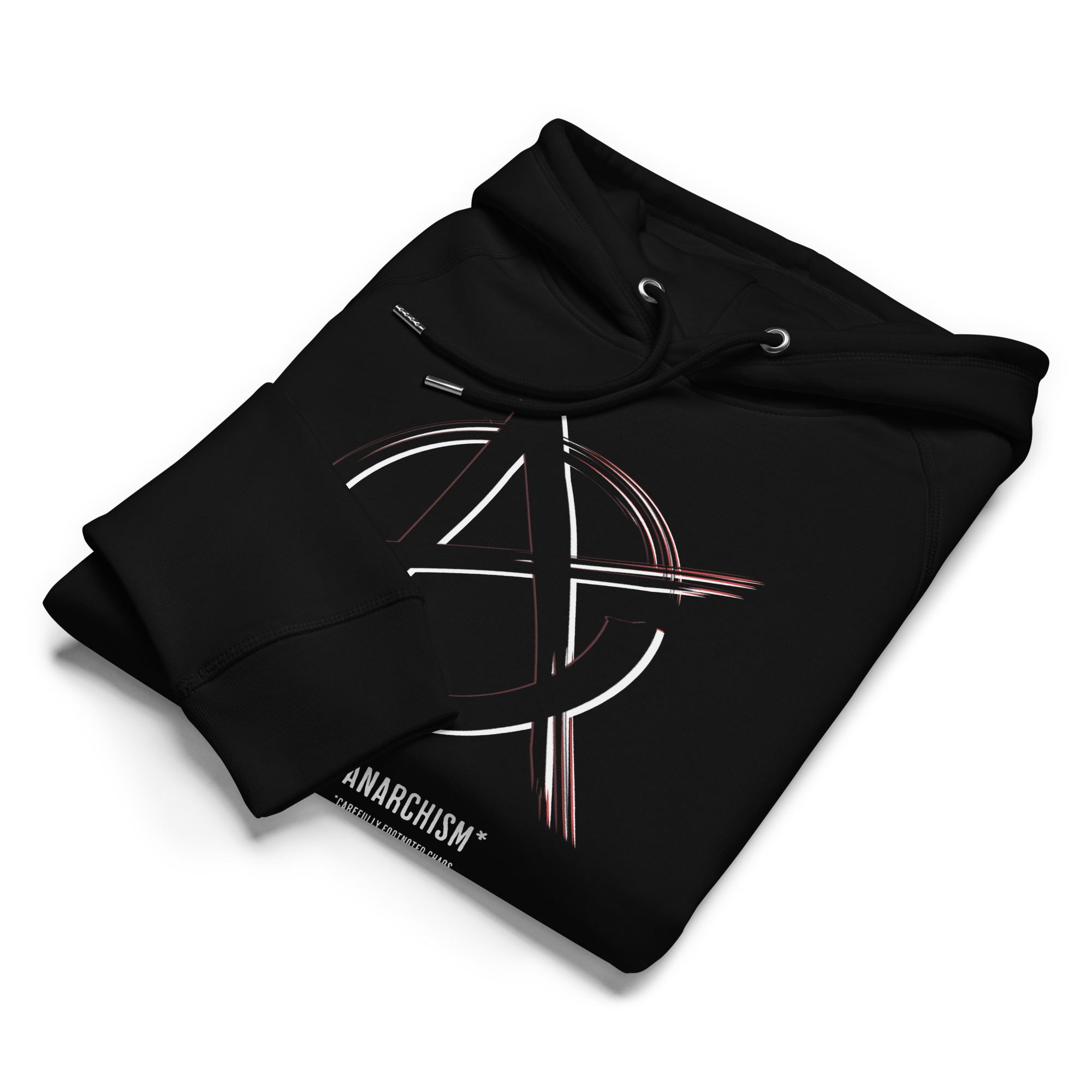 Black hoodie with anarchy symbol design on a white background