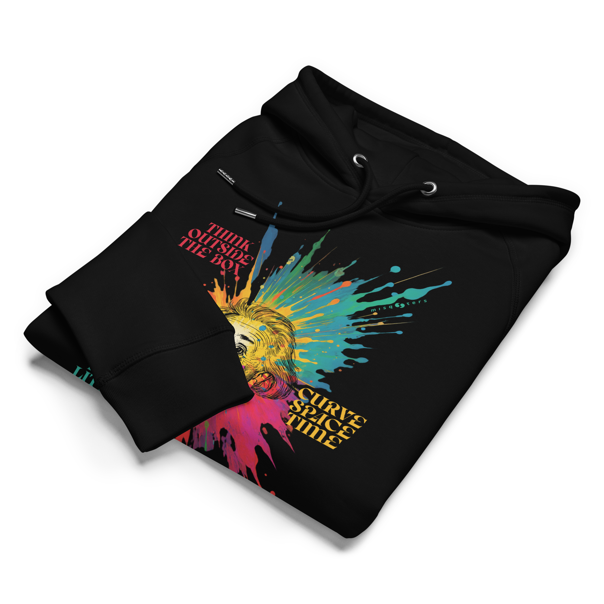 Black hoodie with colorful graphic design on a white background