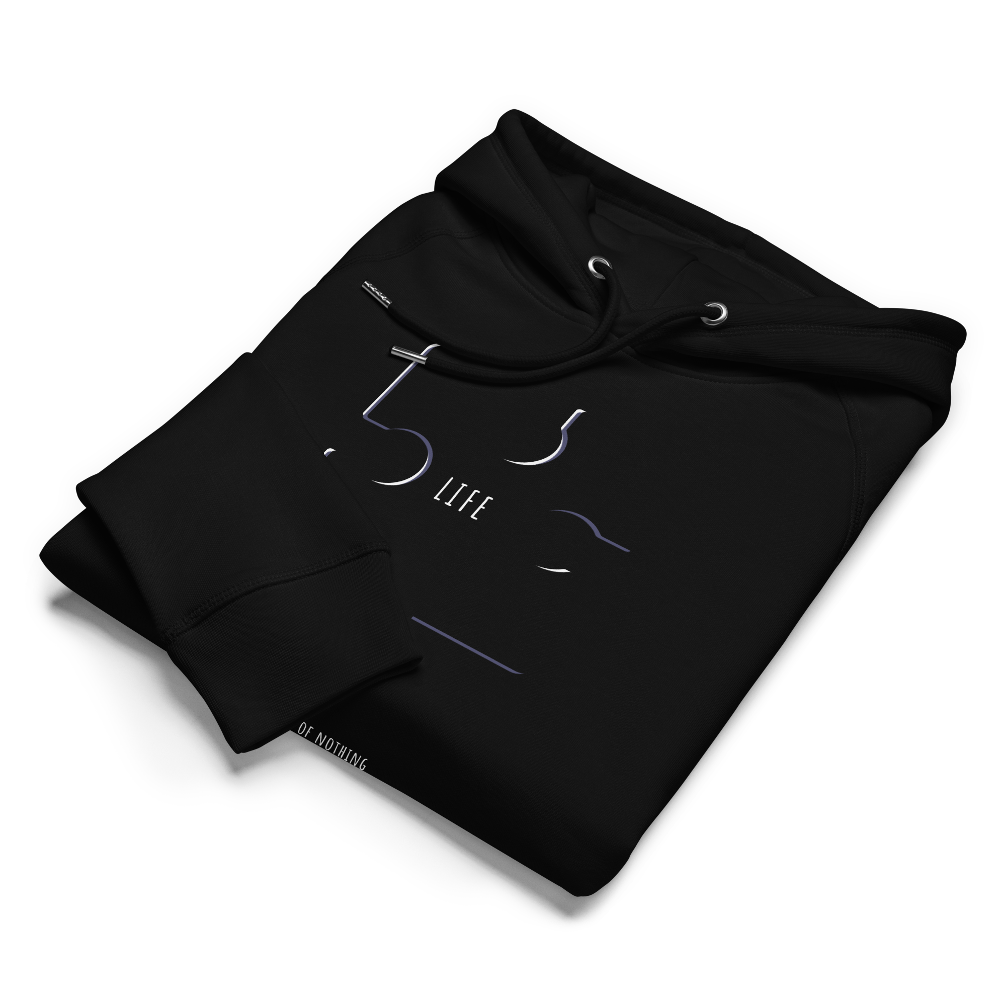Black hoodie with white text on a white background