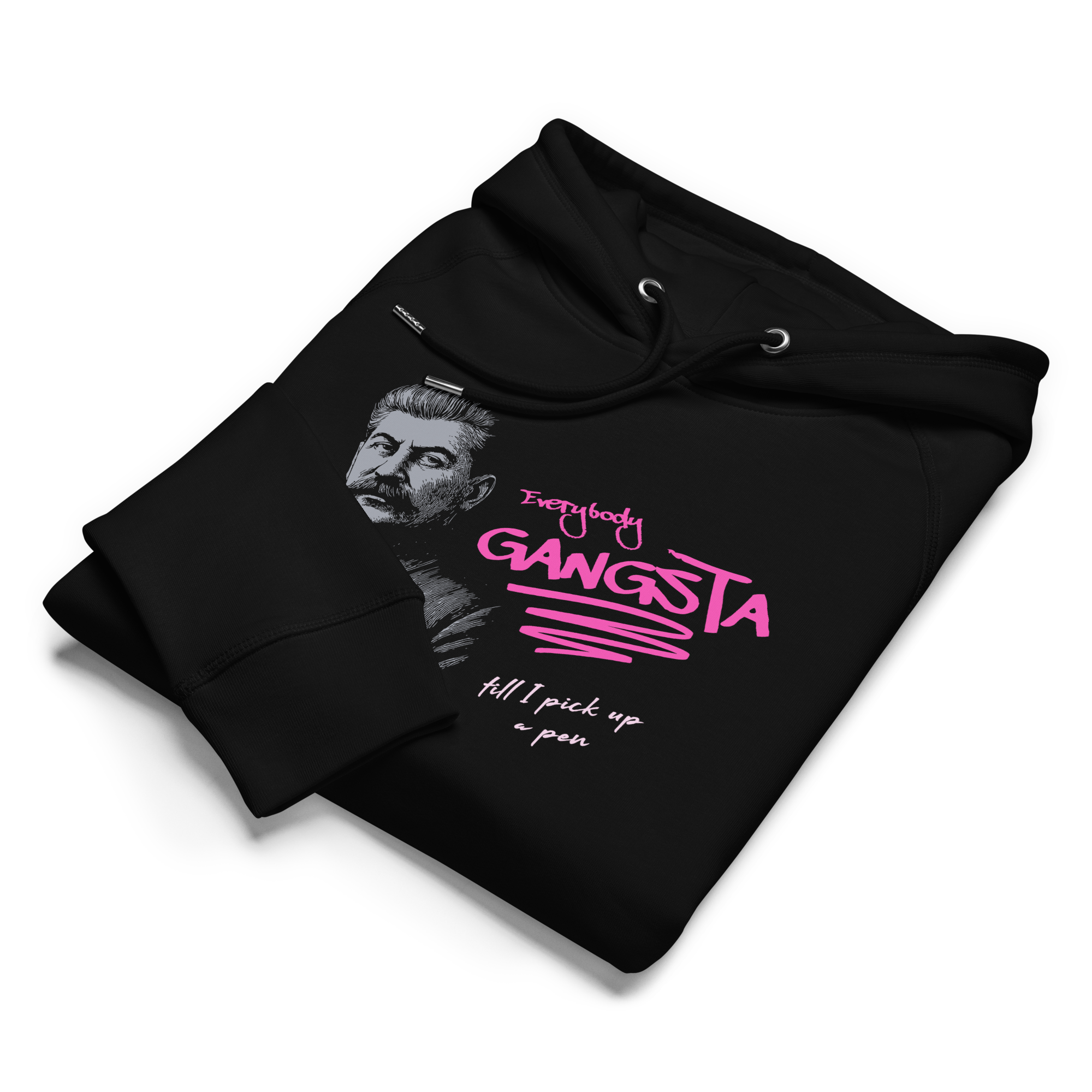 Black hoodie with graphic design and text on a white background
