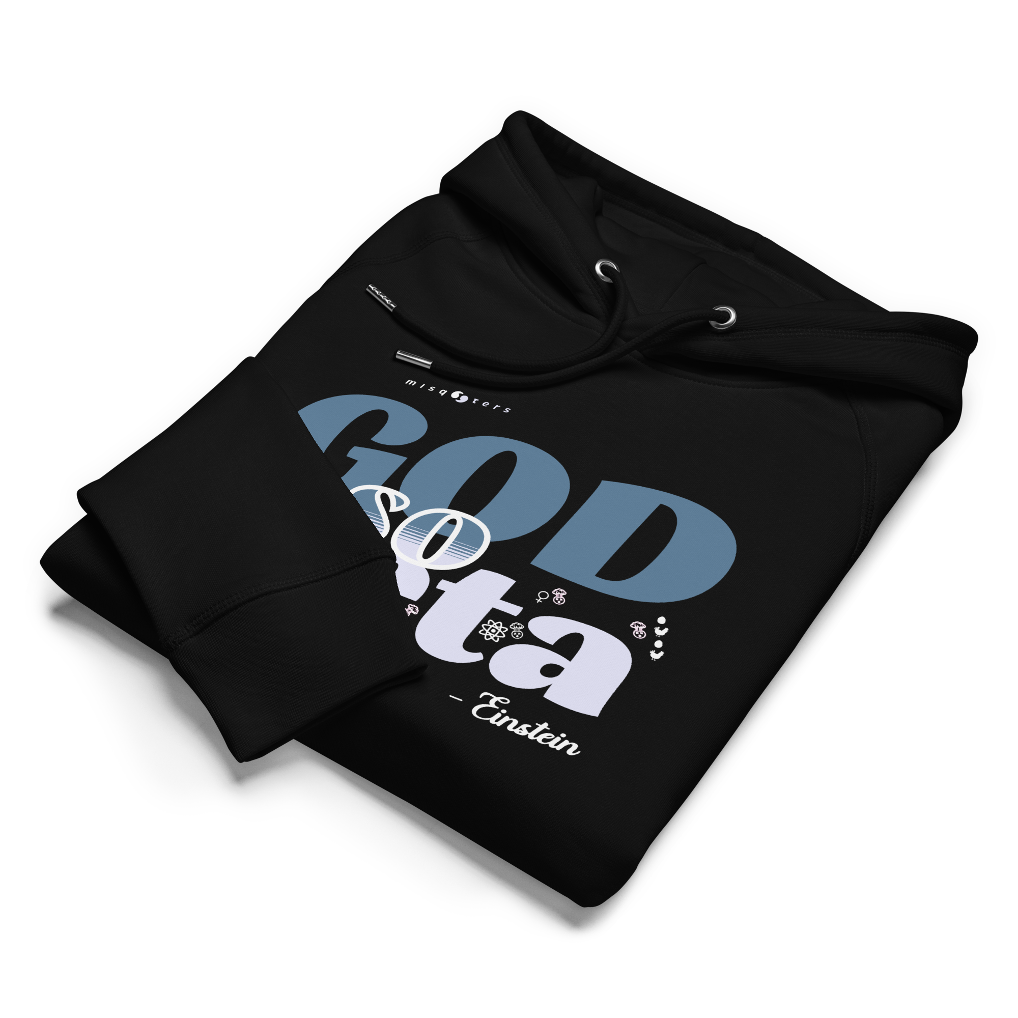 Black hoodie folded with text design on a white background