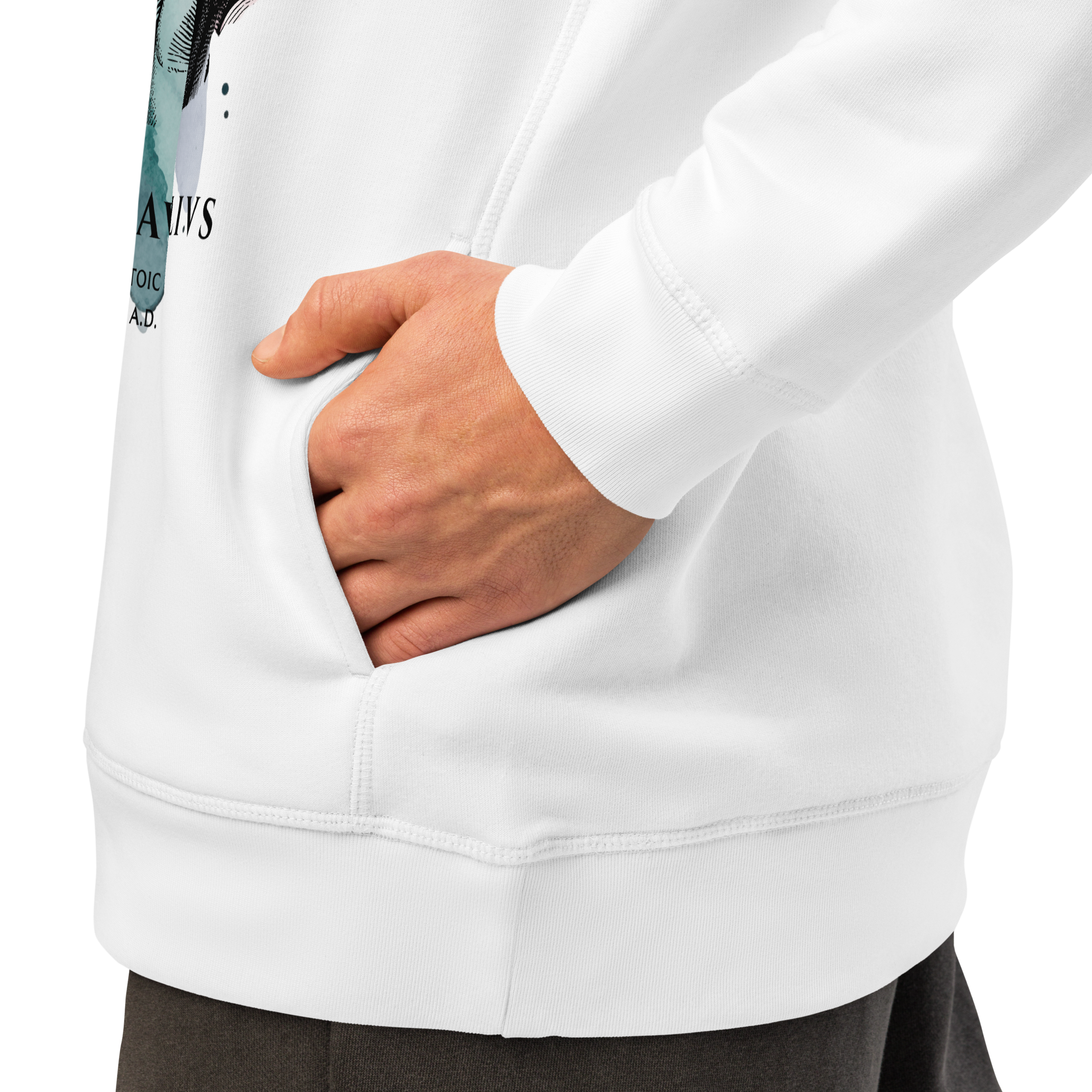 Person wearing a white hoodie with a brand logo on the chest, hand in pocket.