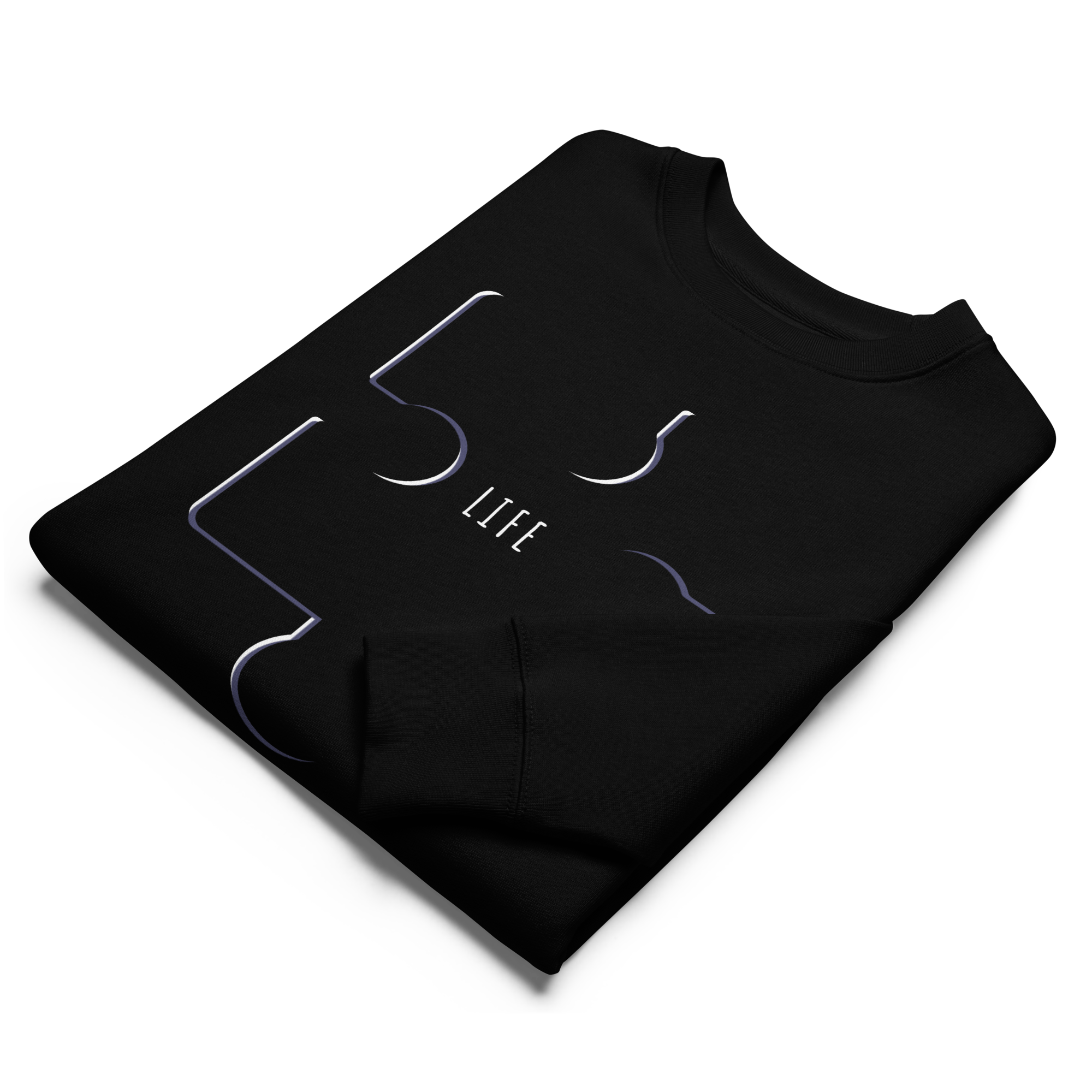 Folded black sweatshirt with white text and design on a white background