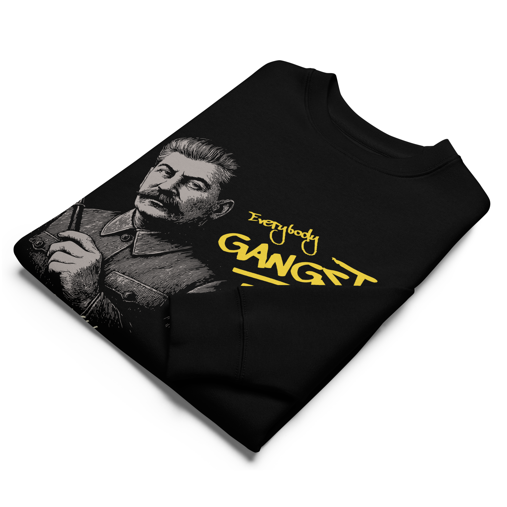 Black folded sweatshirt with a graphic of a historical figure and 'Everybody Gangst' text on a white background