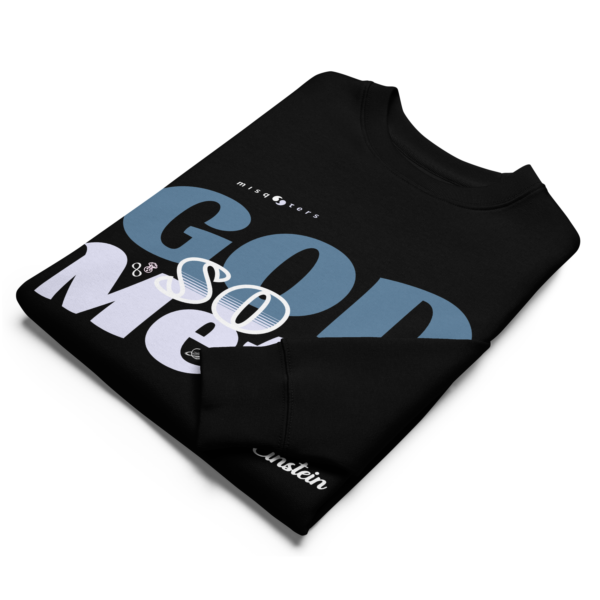 Black folded sweatshirt with text design on a white background
