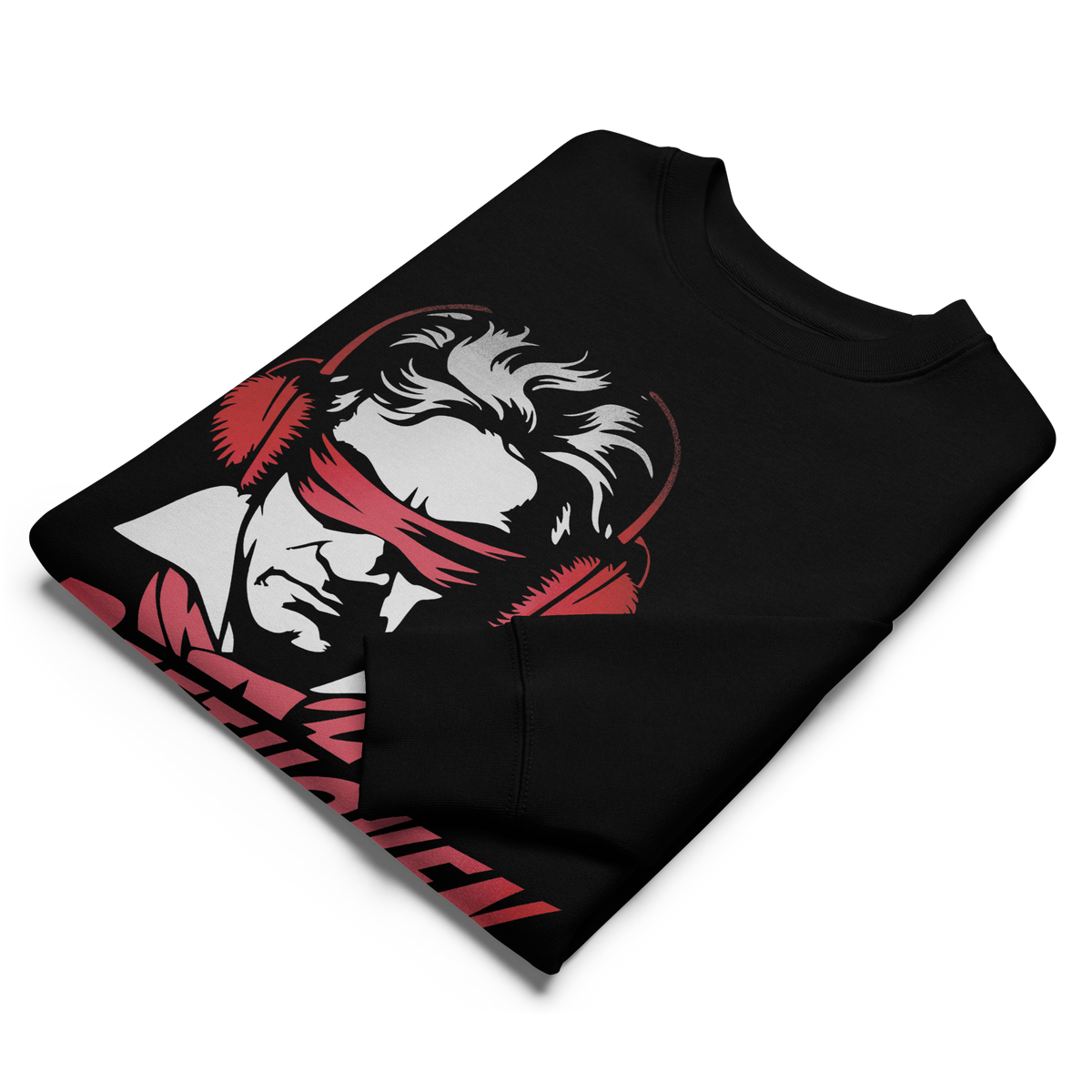 Black sweatshirt with a graphic design of a person with a red bandana on a white background