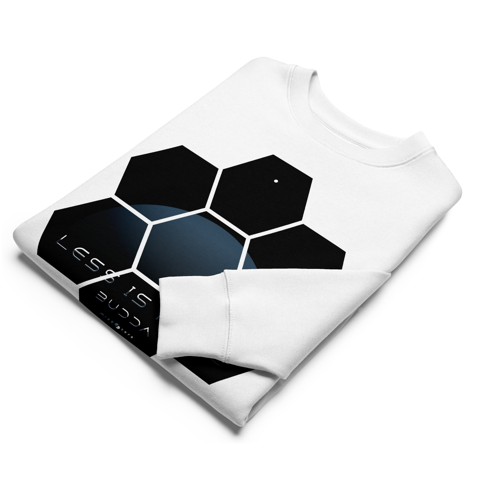 Folded white sweatshirt with black geometric design and text on a white background