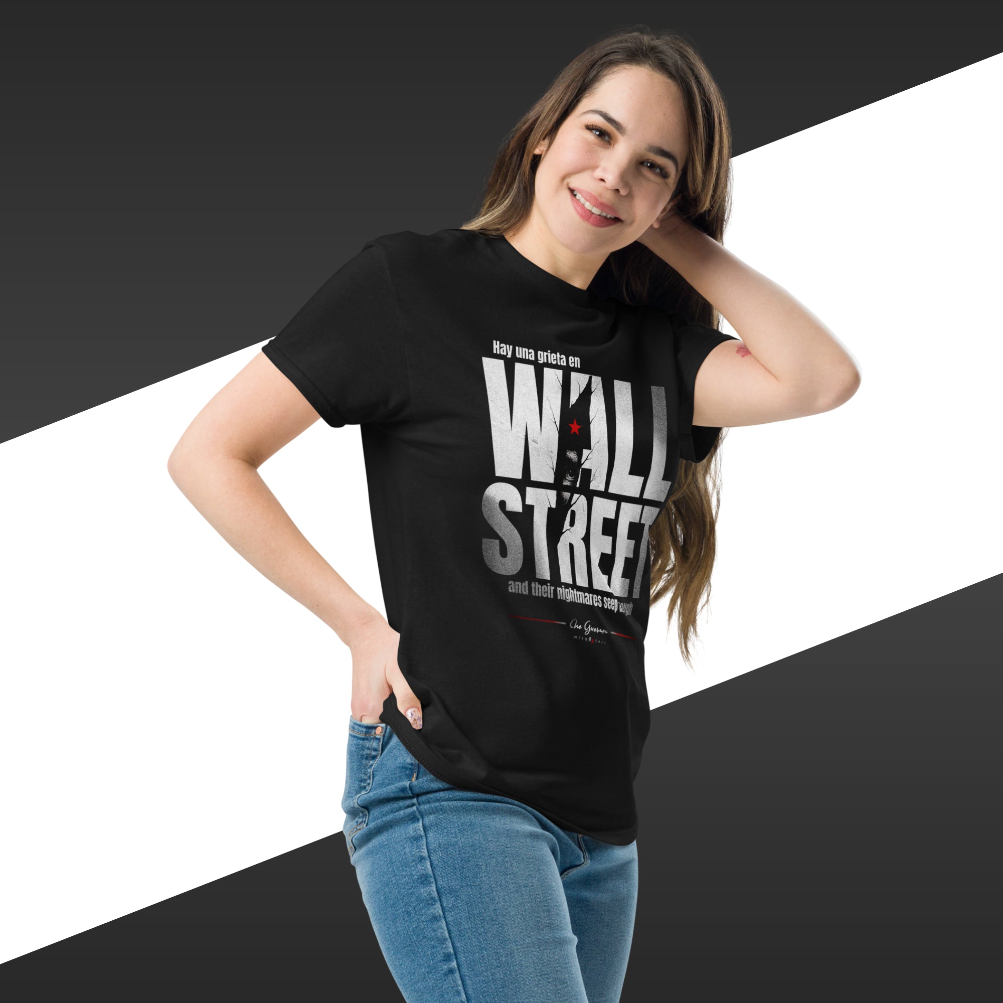 Wall street - Che Guevara | Classic tee - black t-shirt mockup on female model