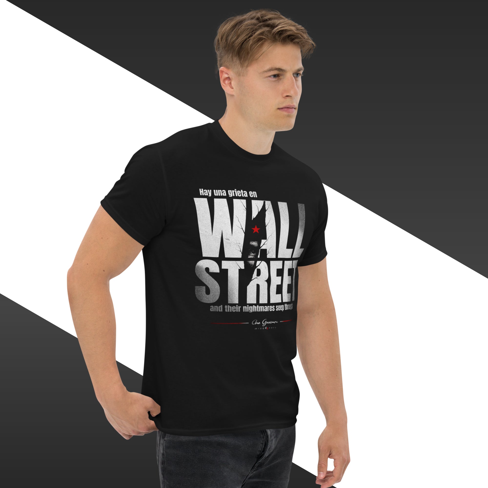 Wall street - Che Guevara | Classic tee - black t-shirt mockup on male model