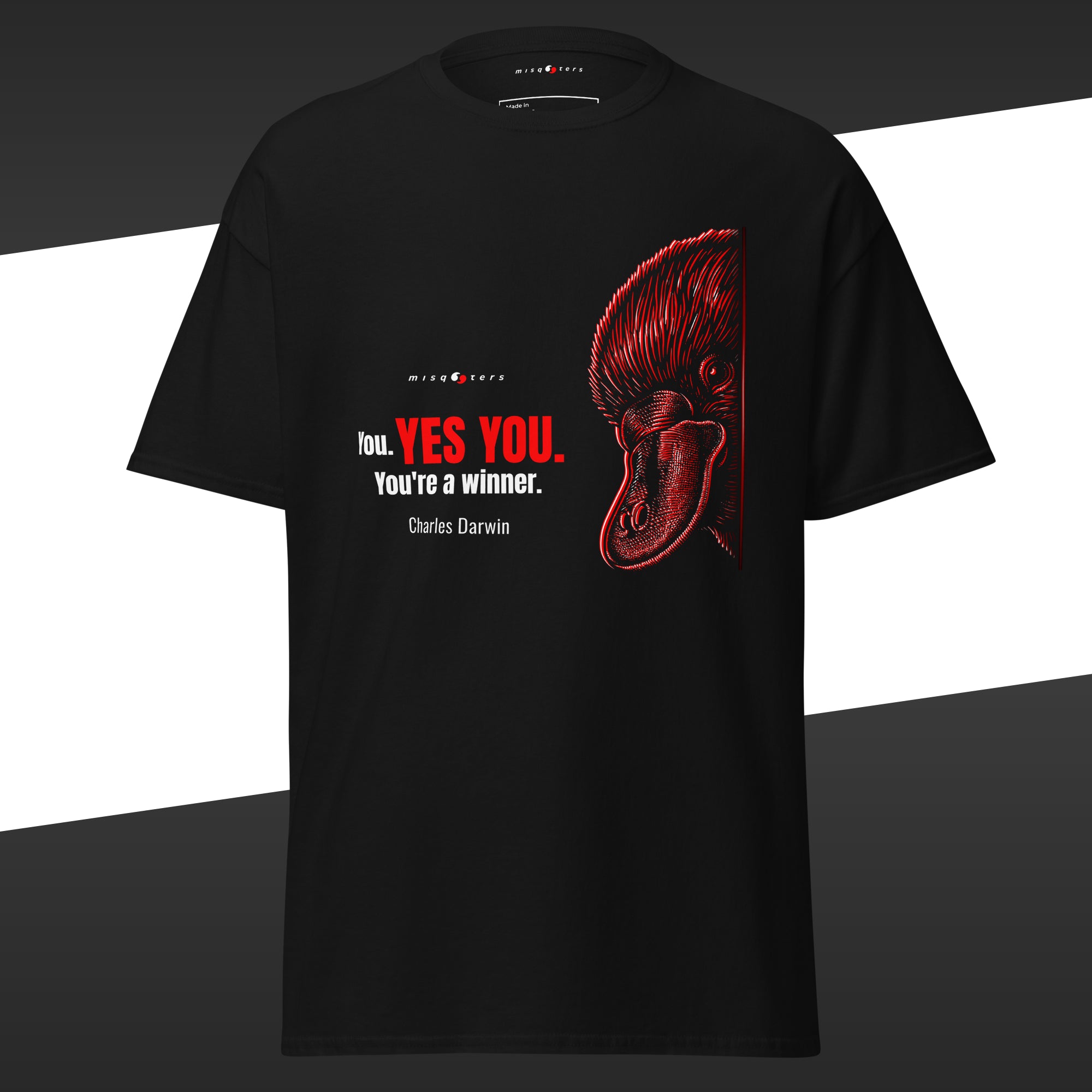 Black t-shirt with red graphic and text on a white and black striped background
