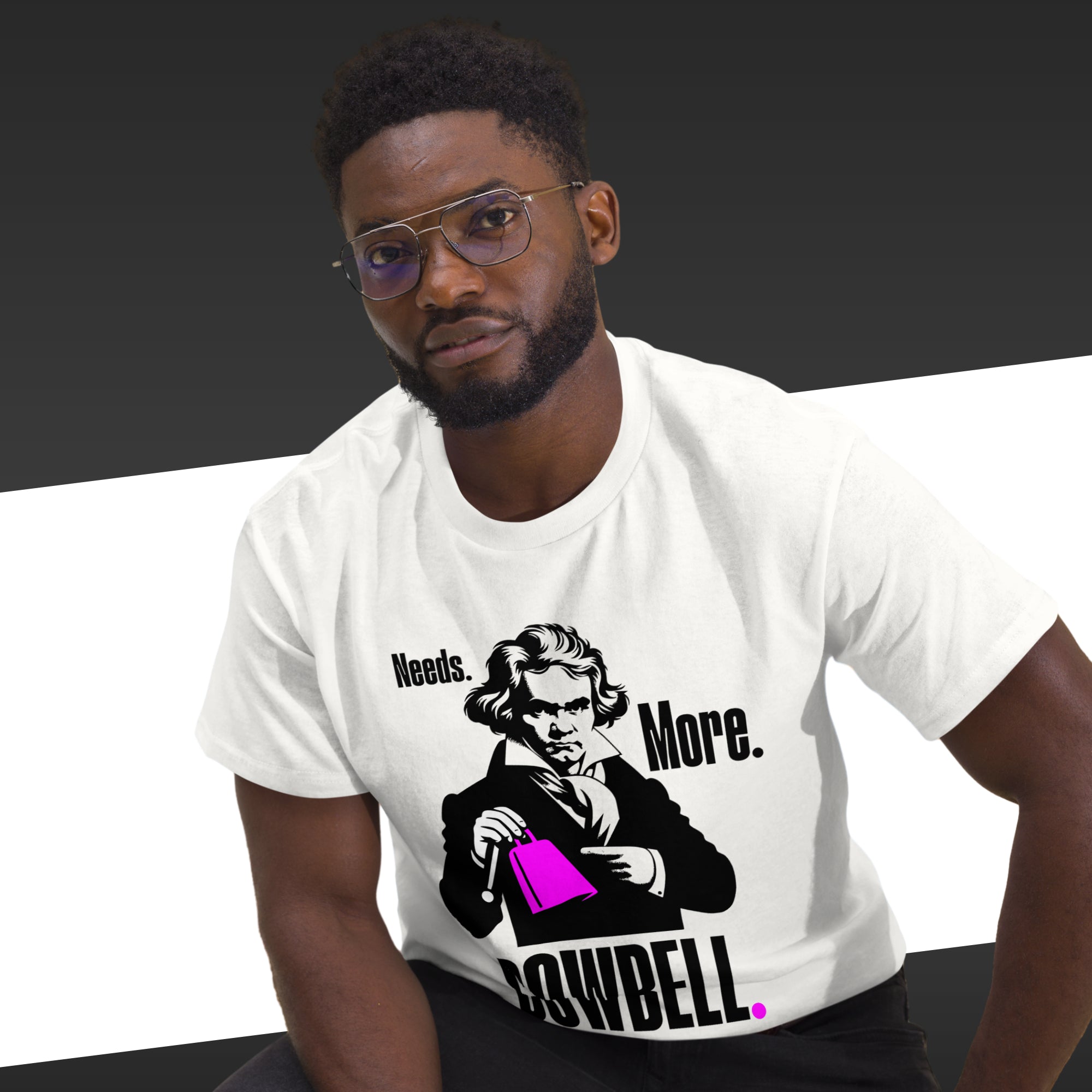 Man wearing a white t-shirt with a graphic design and text.