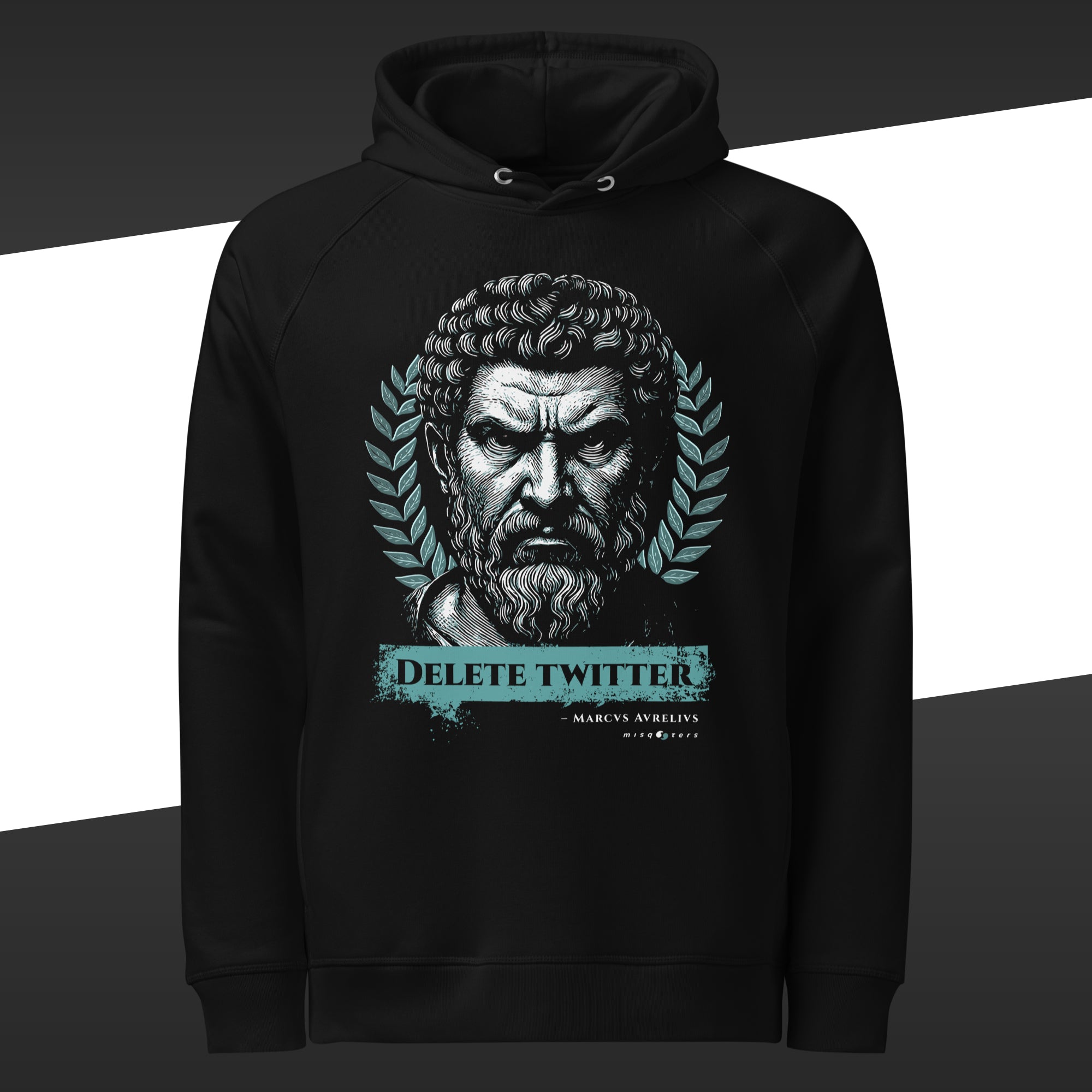 Black hoodie with a graphic of a classical bust of Marcus Aurelius and the fake quote 'Delete Twitter' green text on