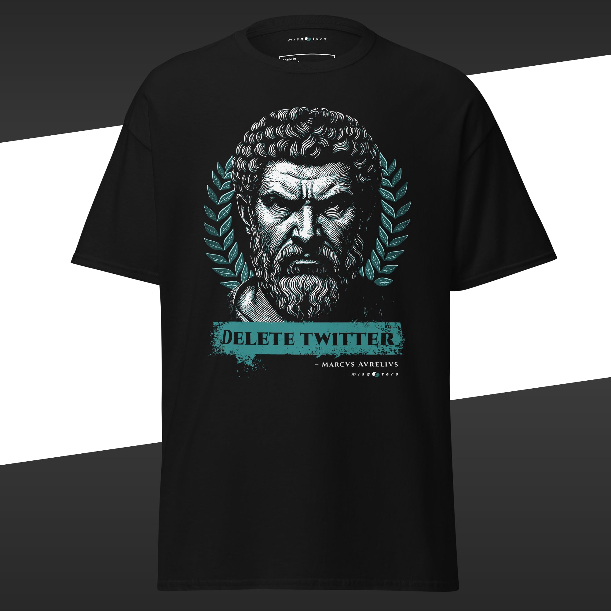 Black t-shirt with graphic design of Marcus Aurelius looking agressively at us featuring the fake quote in green "Delete Twitter"