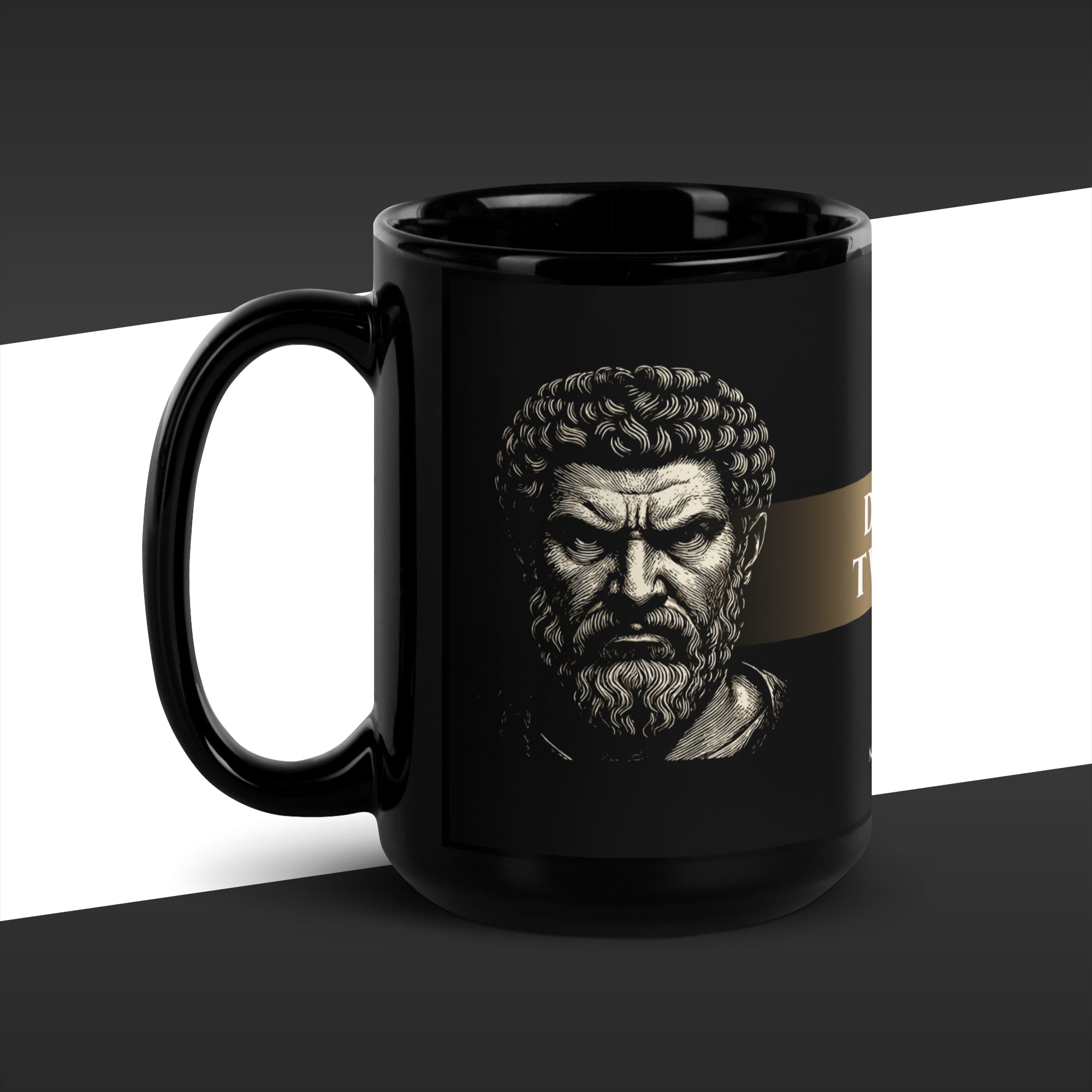Black mug with a white and light brown graphic of a classical bust of Marcus Aurelius on