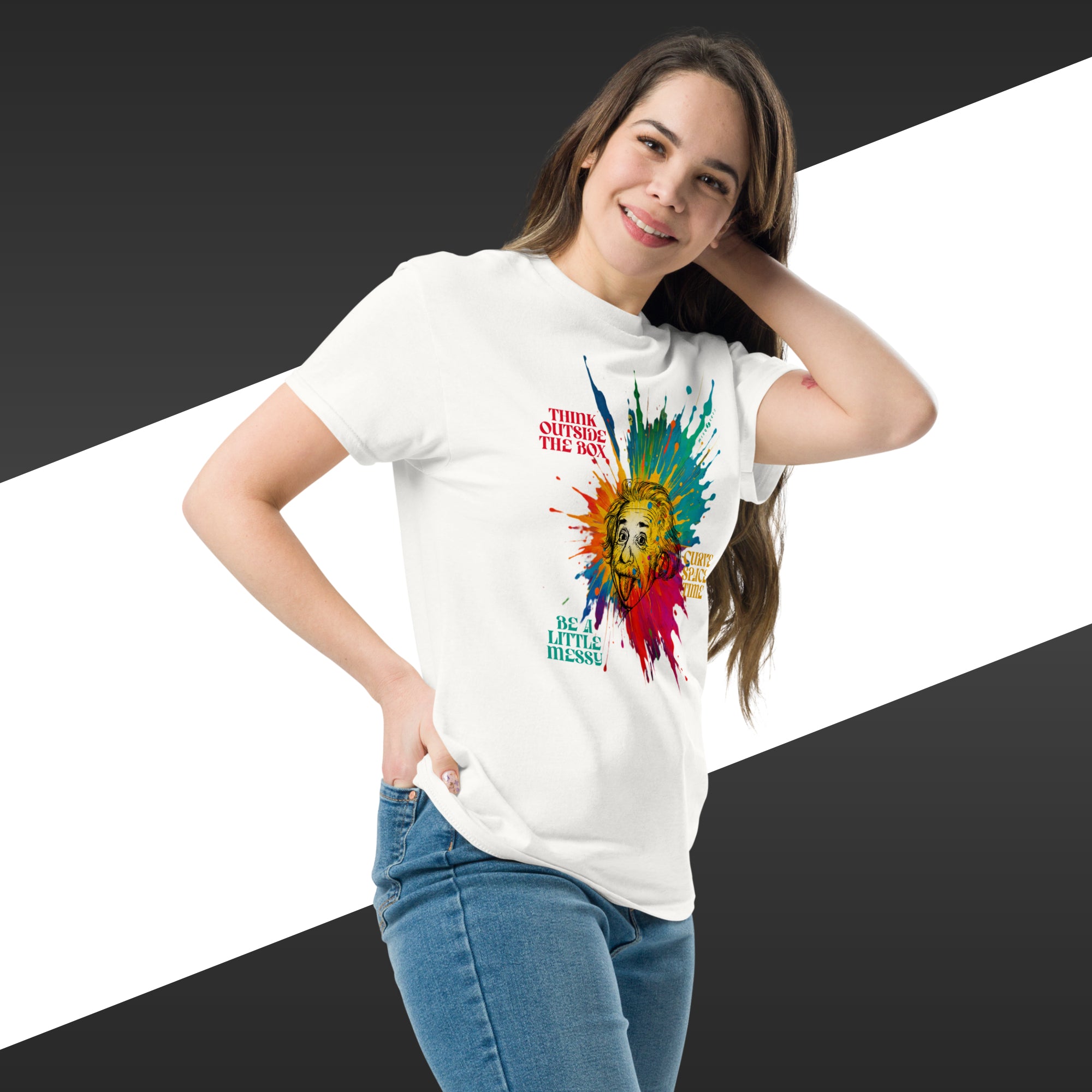 Woman wearing a white t-shirt with a colorful graphic design on a black and white background