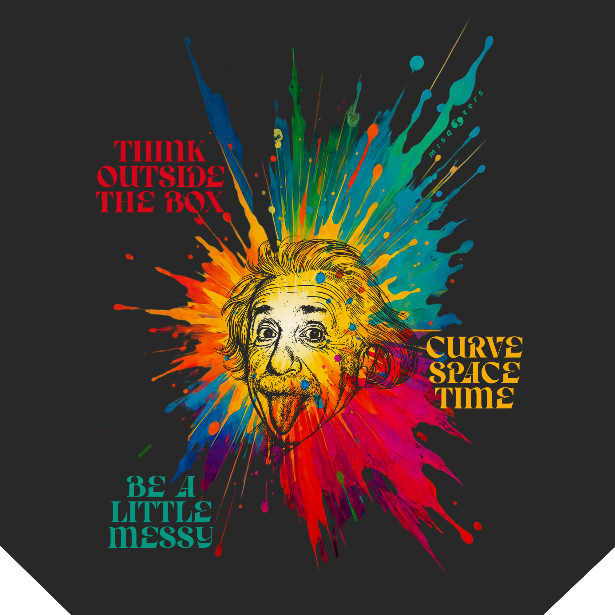 Colorful abstract design with a Einsteins face and text on a black background