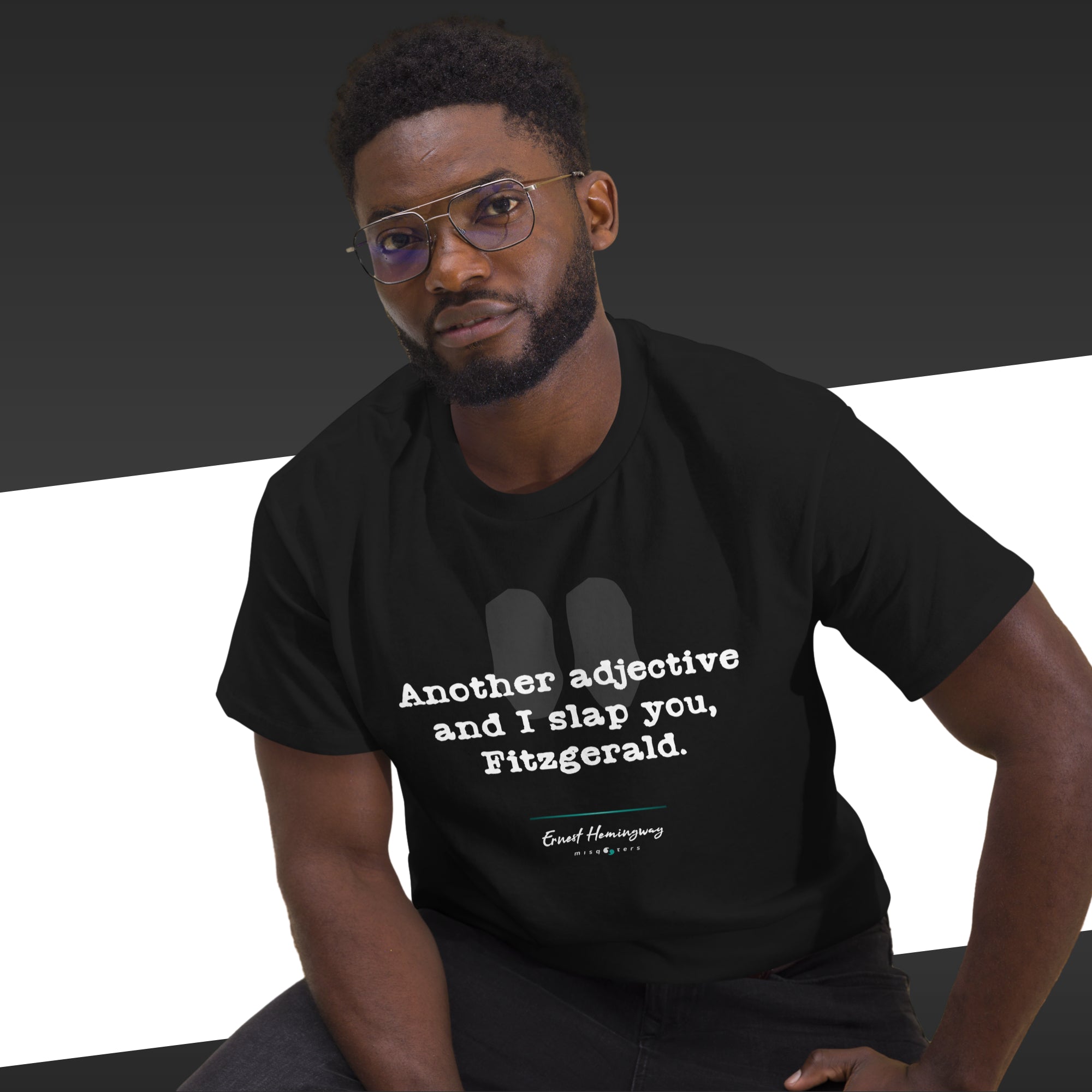 Adjectives - Ernest Hemingway | Classic tee - black t-shirt mockup on male model alternate pose