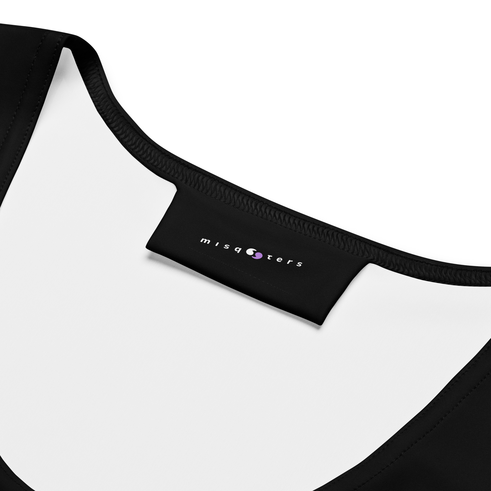 Black and white garment with 'misqoeters' logo on a white background