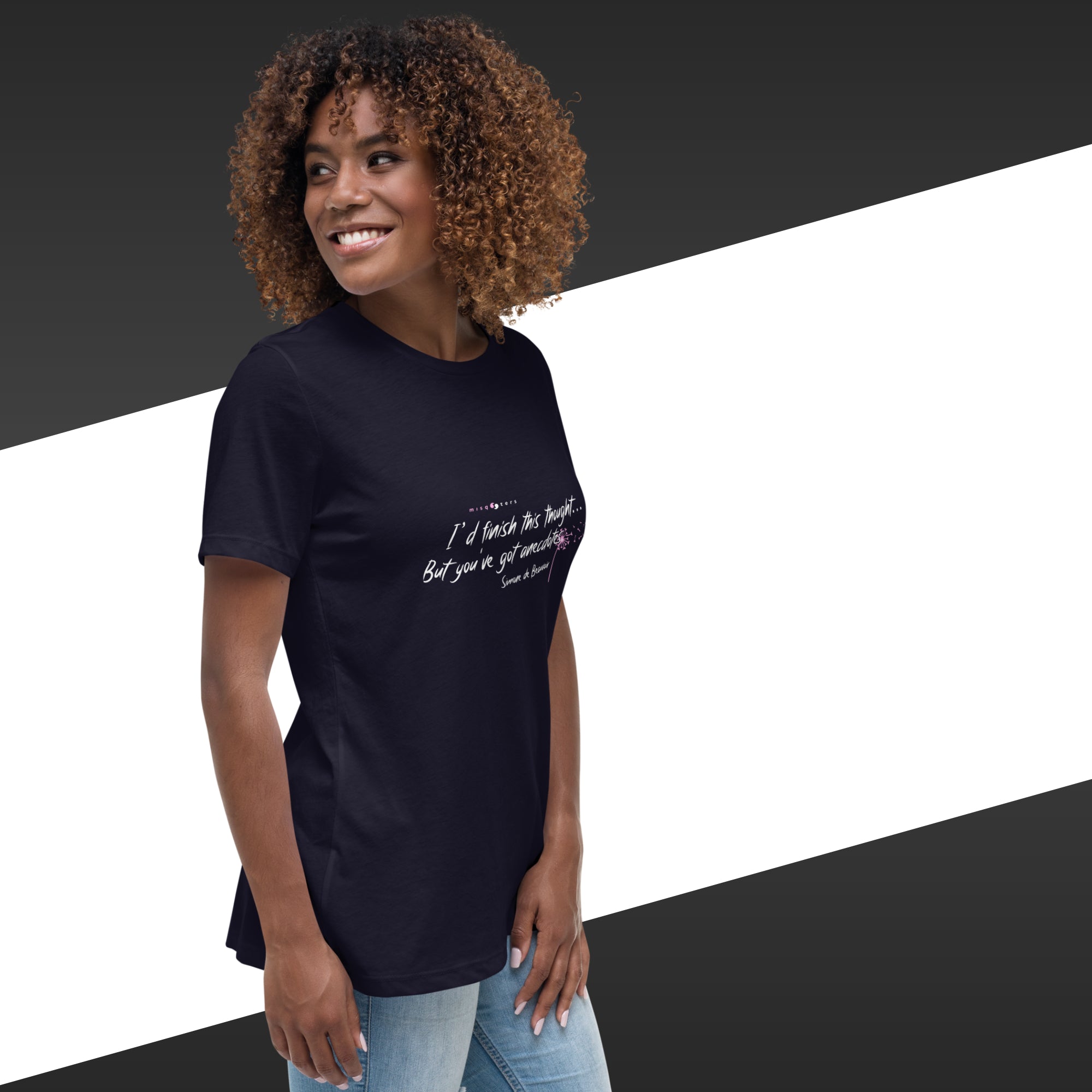 Woman wearing a black t-shirt with text on a black and white background