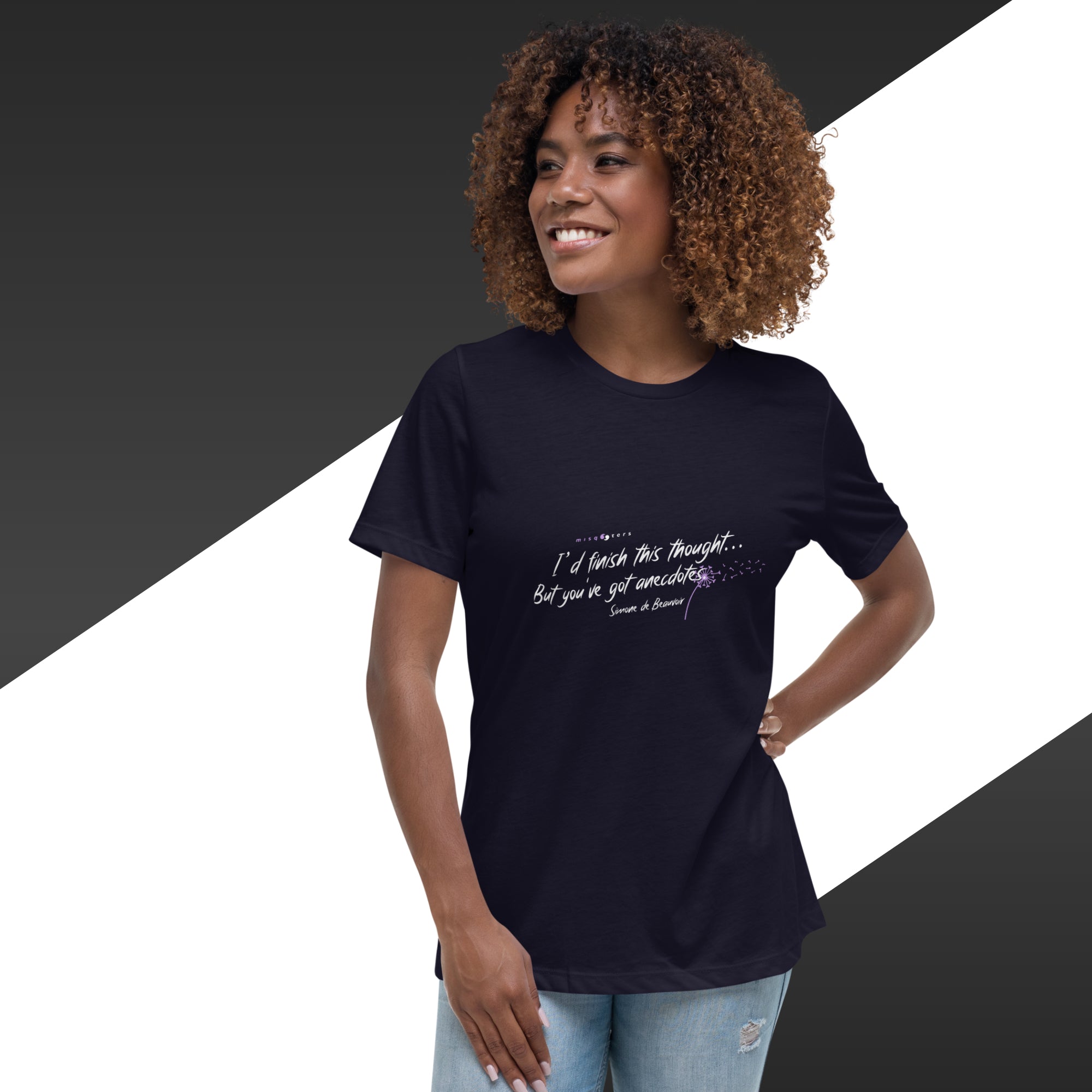 Woman wearing a black t-shirt with text on a black and white background