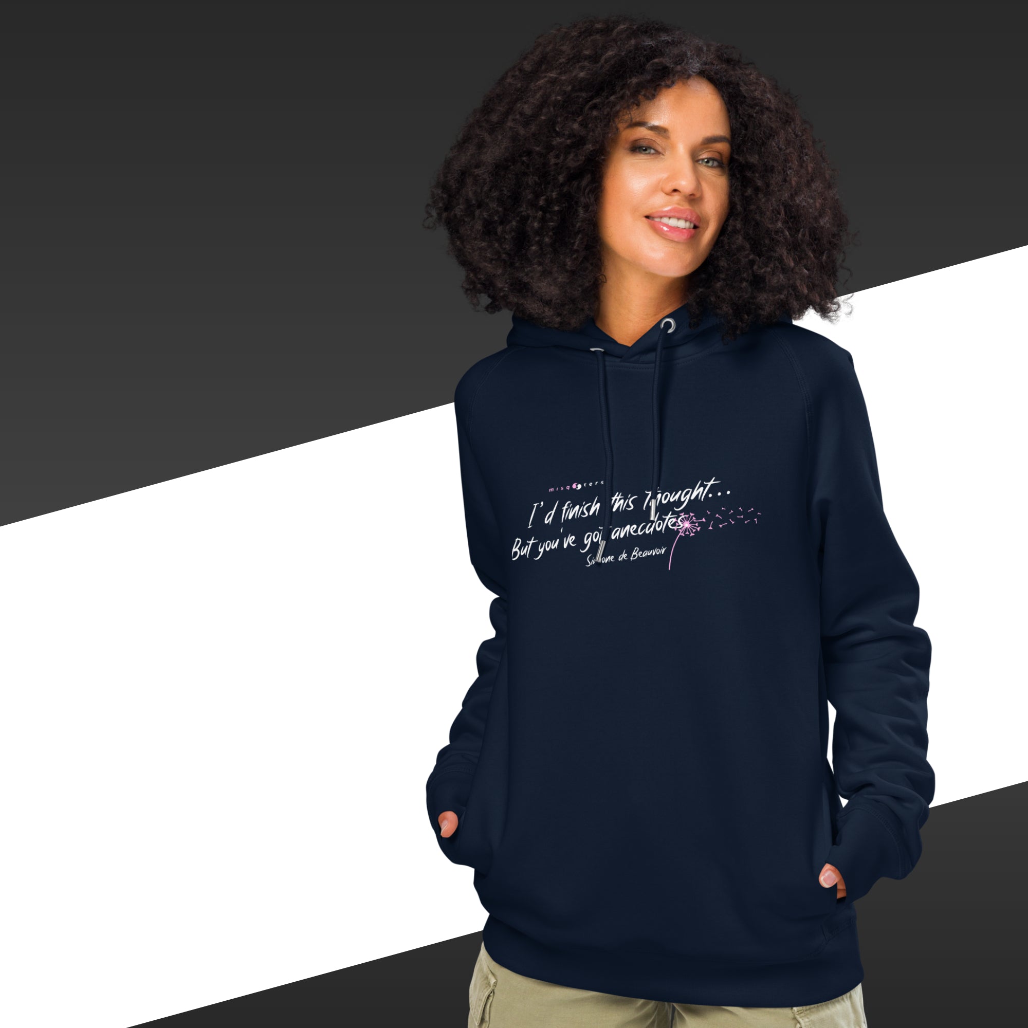 Woman with a navy blue sweatshirt and a quote from Simone de Beauvoir