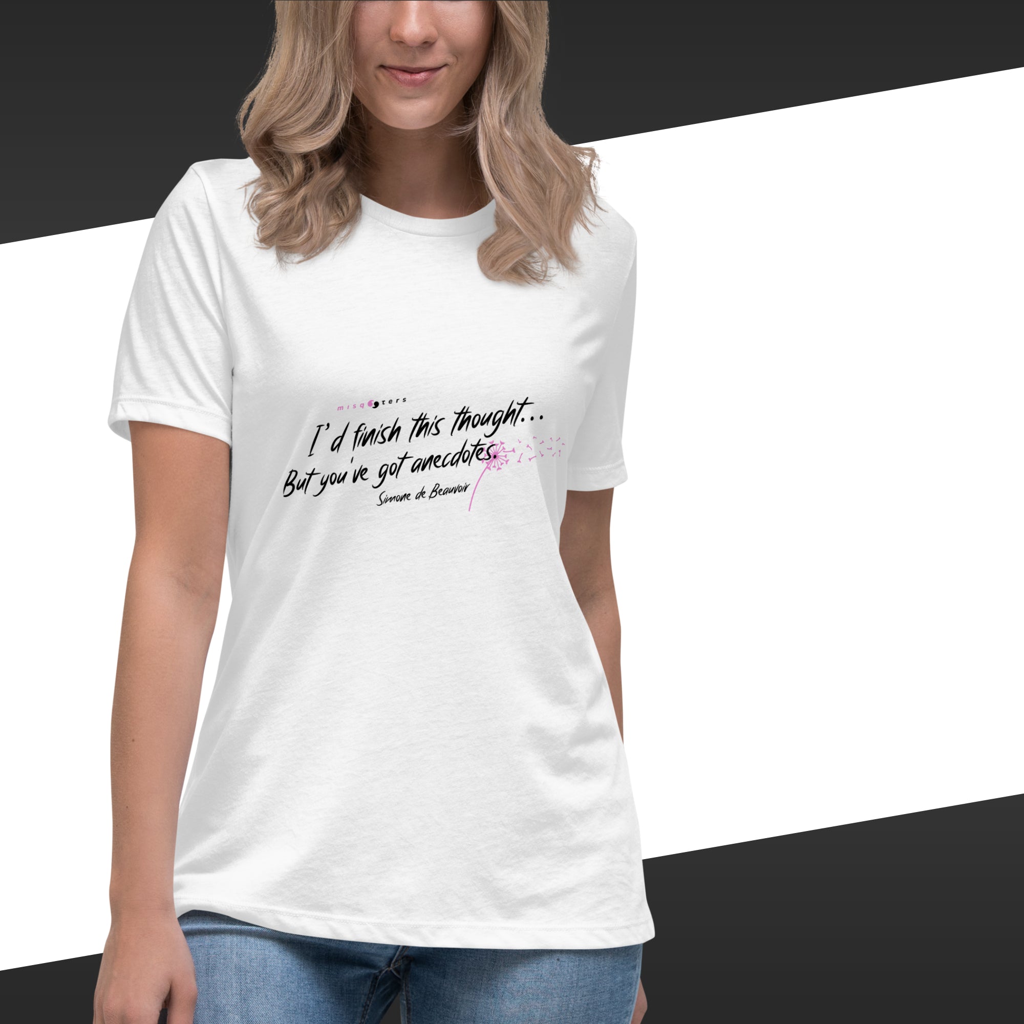 Person wearing a white t-shirt with text design on a black and white background