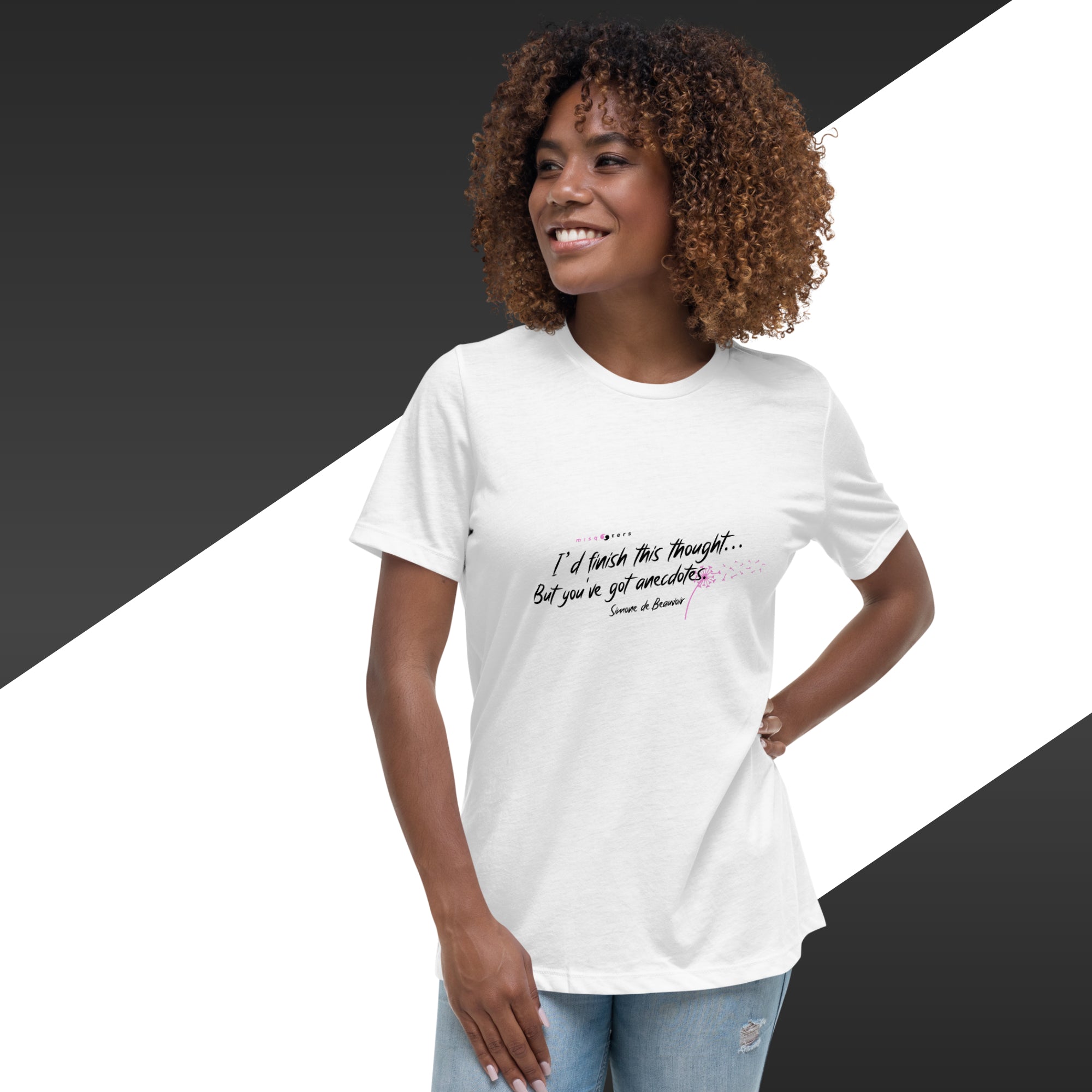 Woman wearing a white t-shirt with text on a black and white background