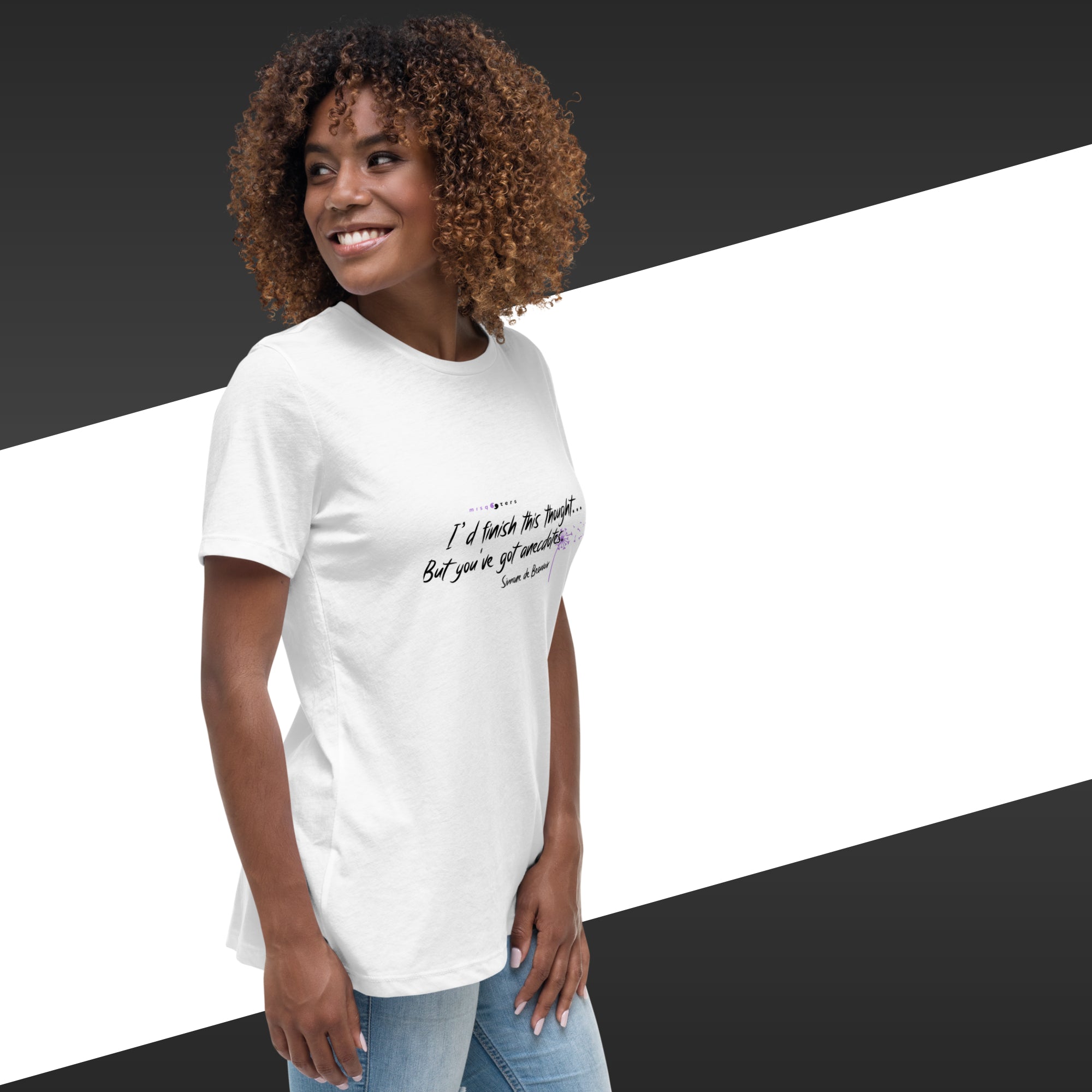 Woman wearing a white t-shirt with text on a black and white background