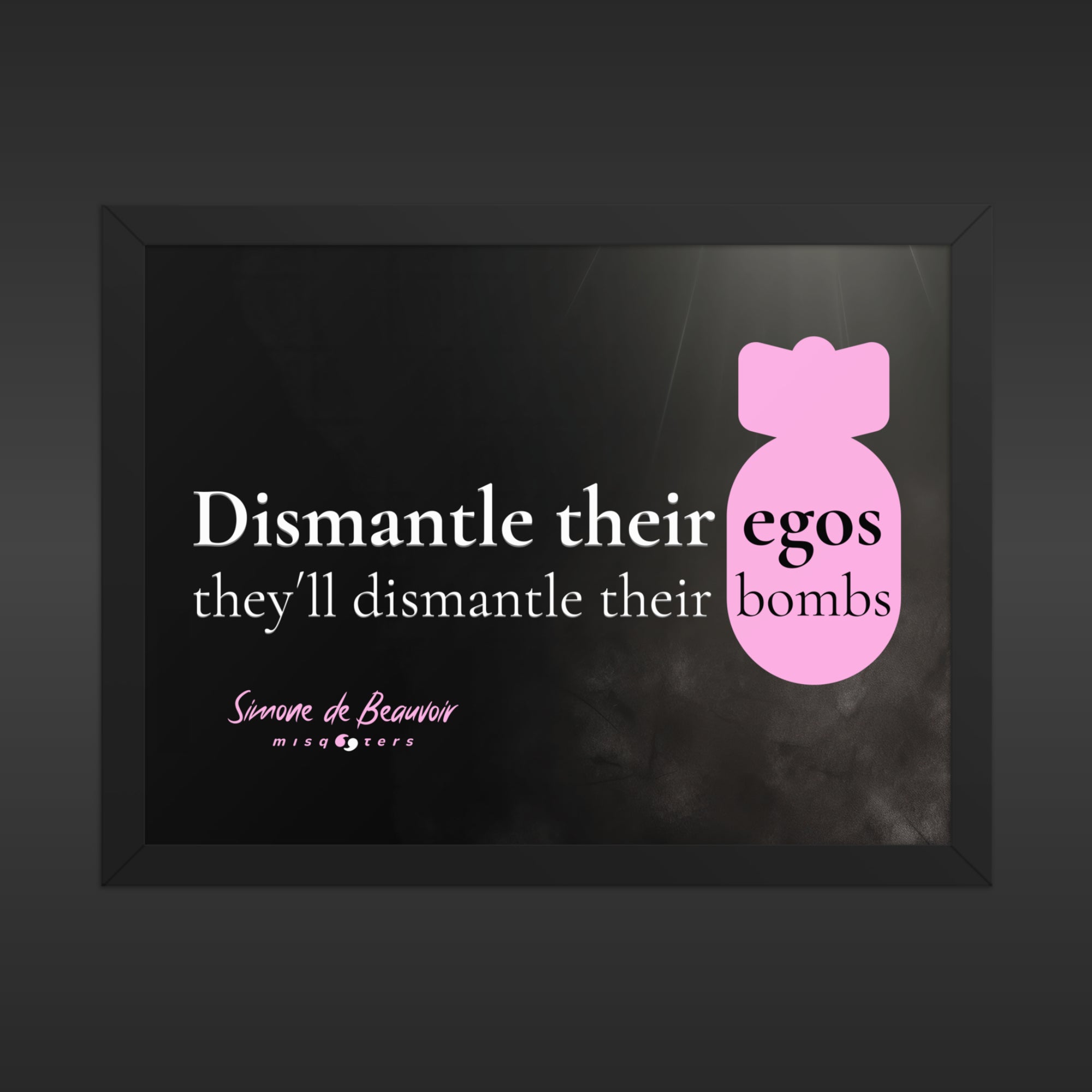Framed artwork with a pink bomb icon and text on a dark background
