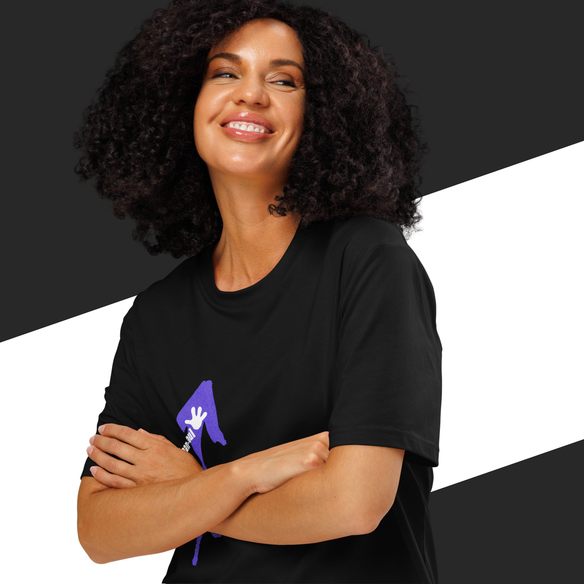 Woman wearing a black t-shirt with a logo on a black and white background
