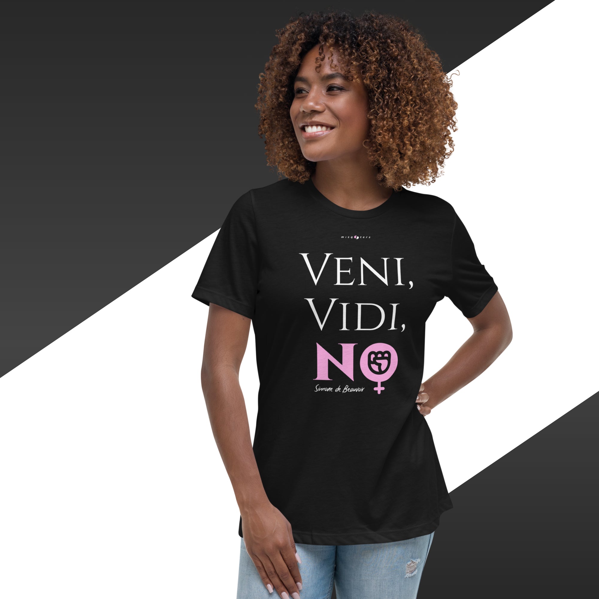 Woman wearing a black t-shirt with 'Veni, Vidi, No' text design.