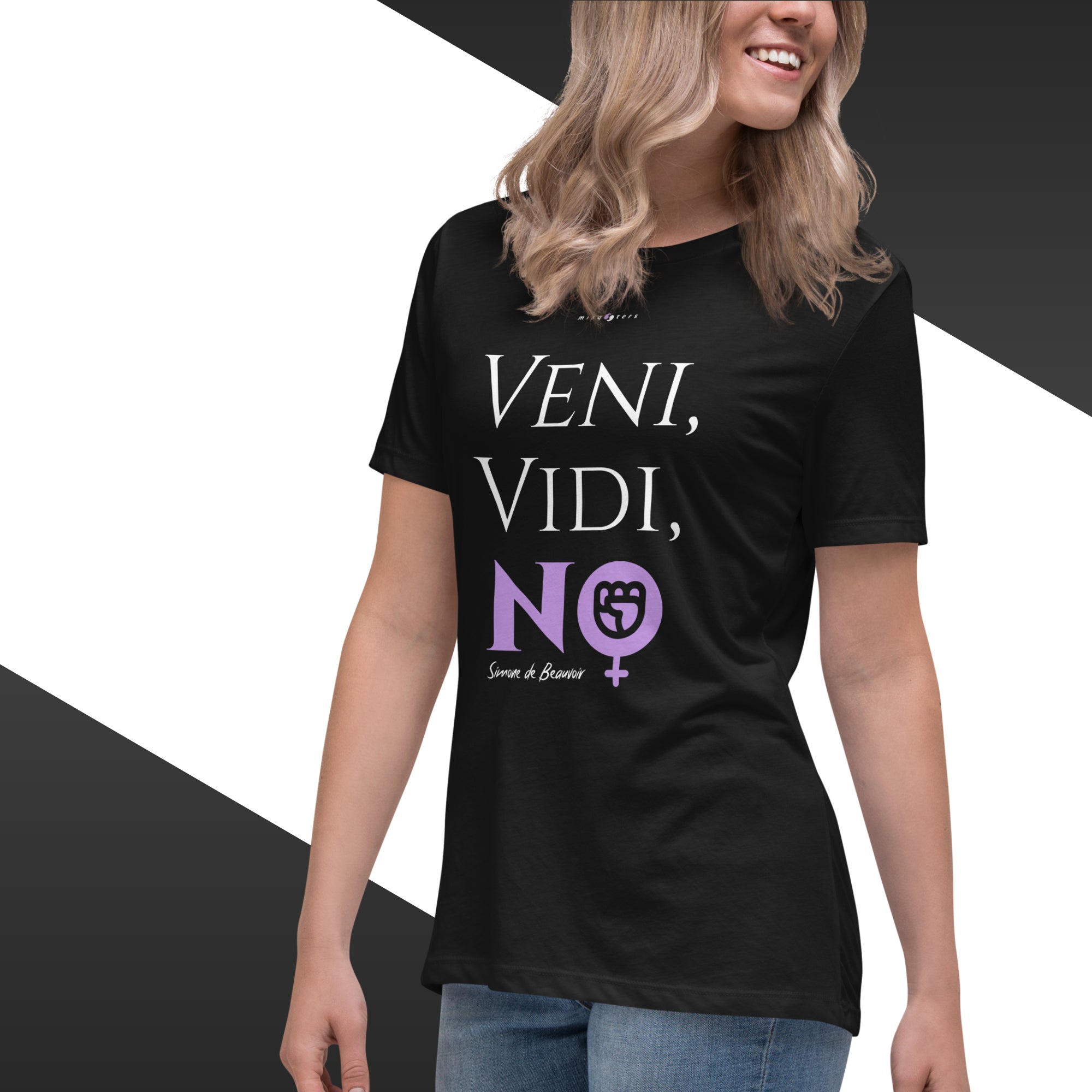 Person wearing a black t-shirt with 'Veni, Vidi, No' text and symbol.