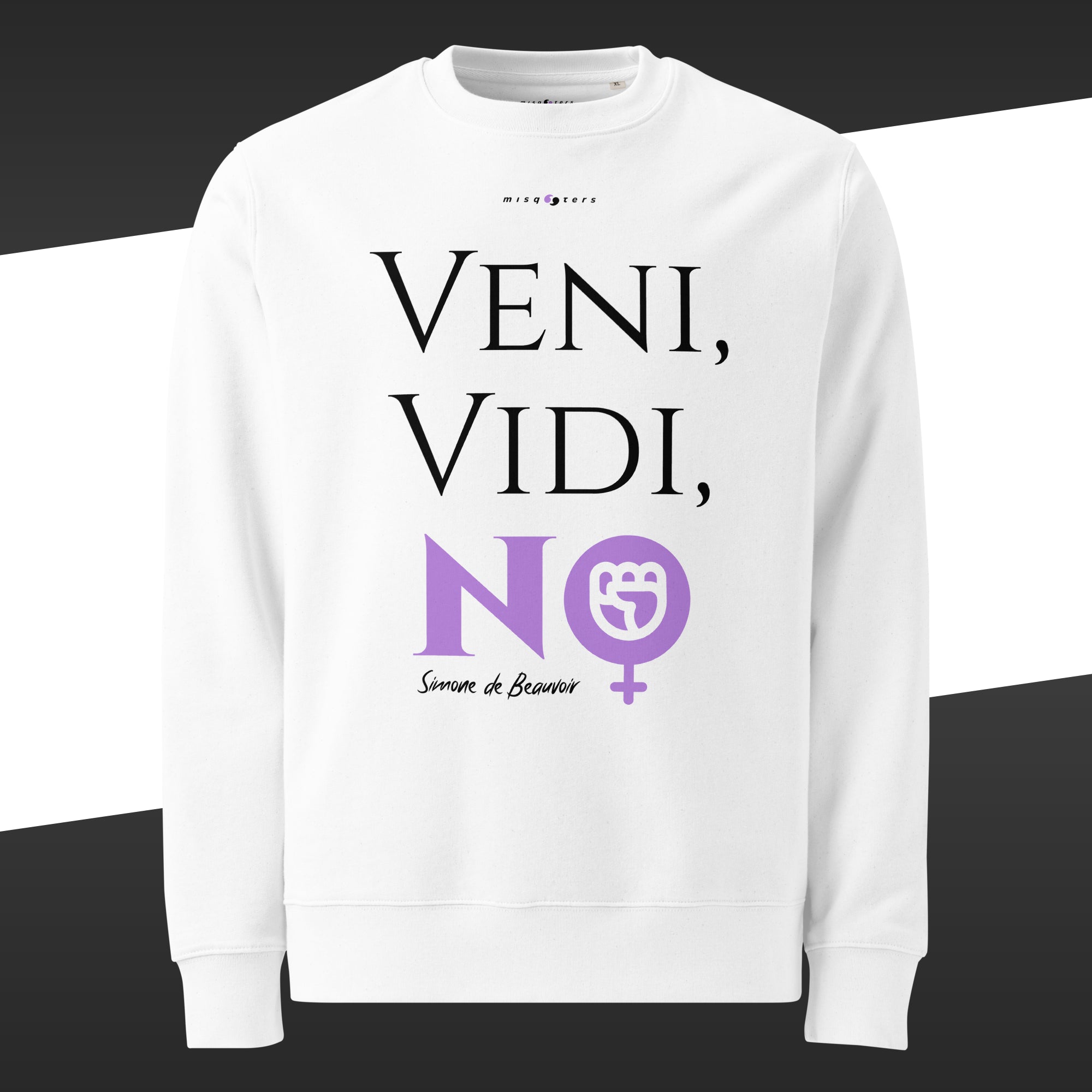 White sweatshirt with black and purple fake quote "Veni, vidi, No" by Simone de Beauvoir on a black and white striped background