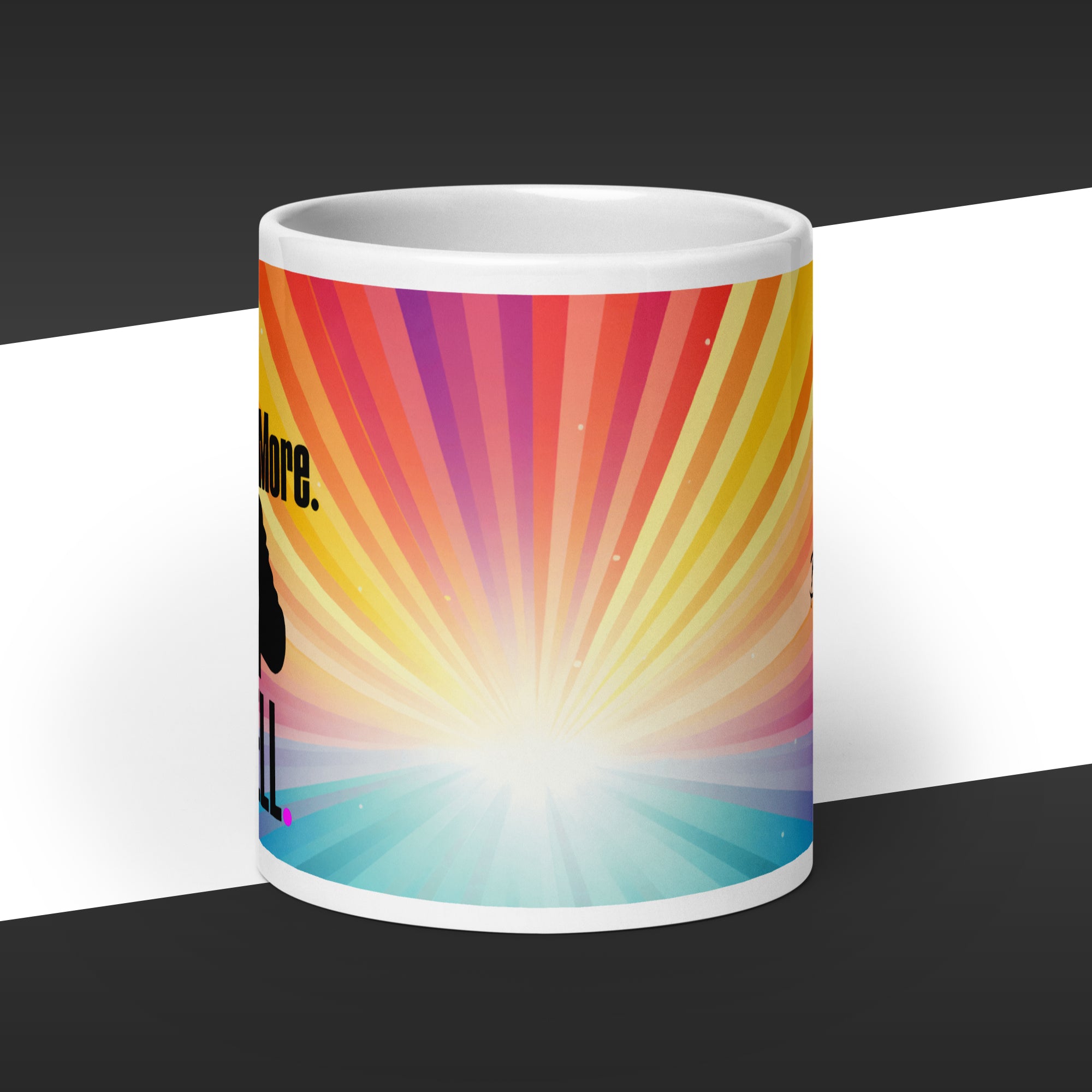 Colorful mug with a sunburst design on a white background
