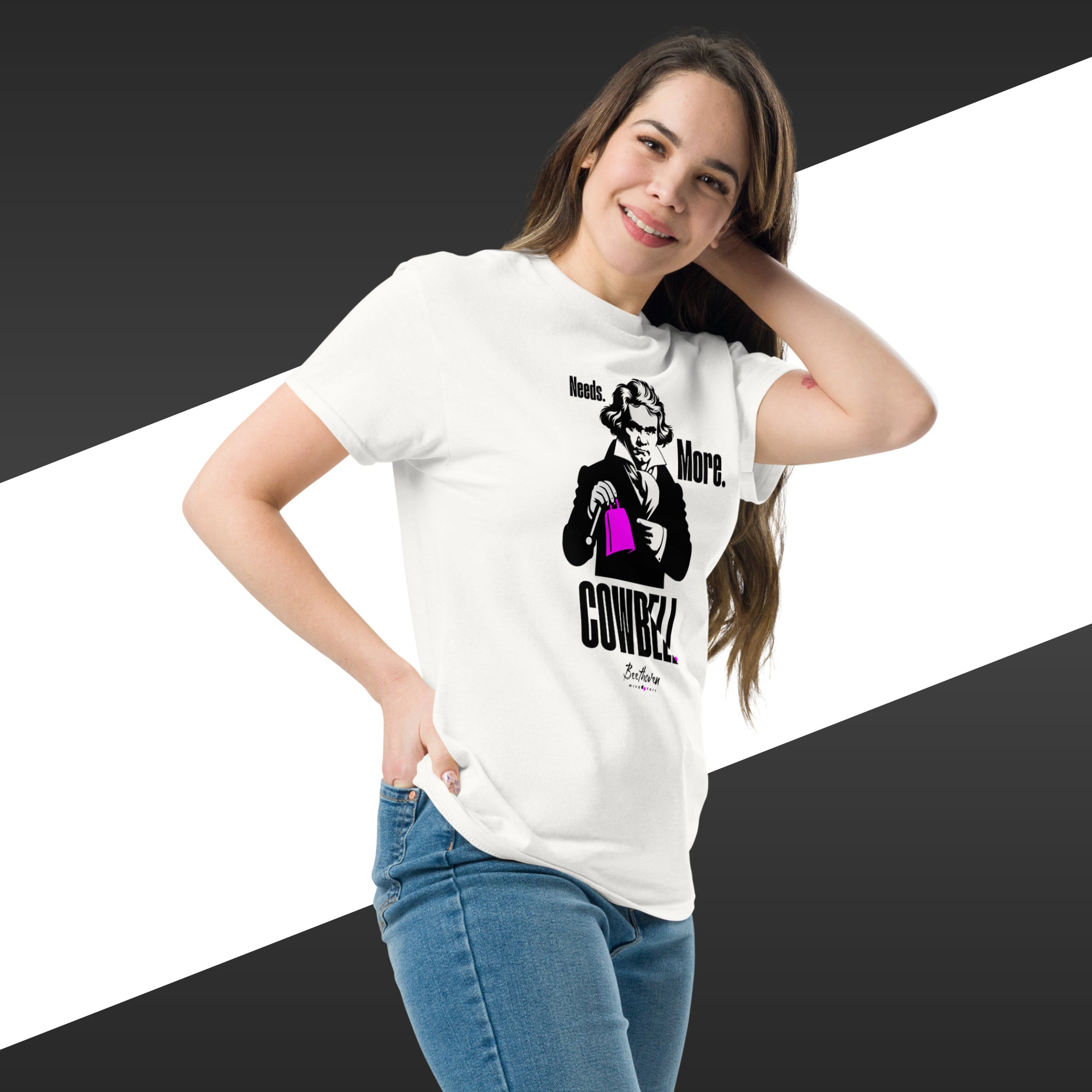 Woman wearing a white t-shirt with a graphic design on a black and white background