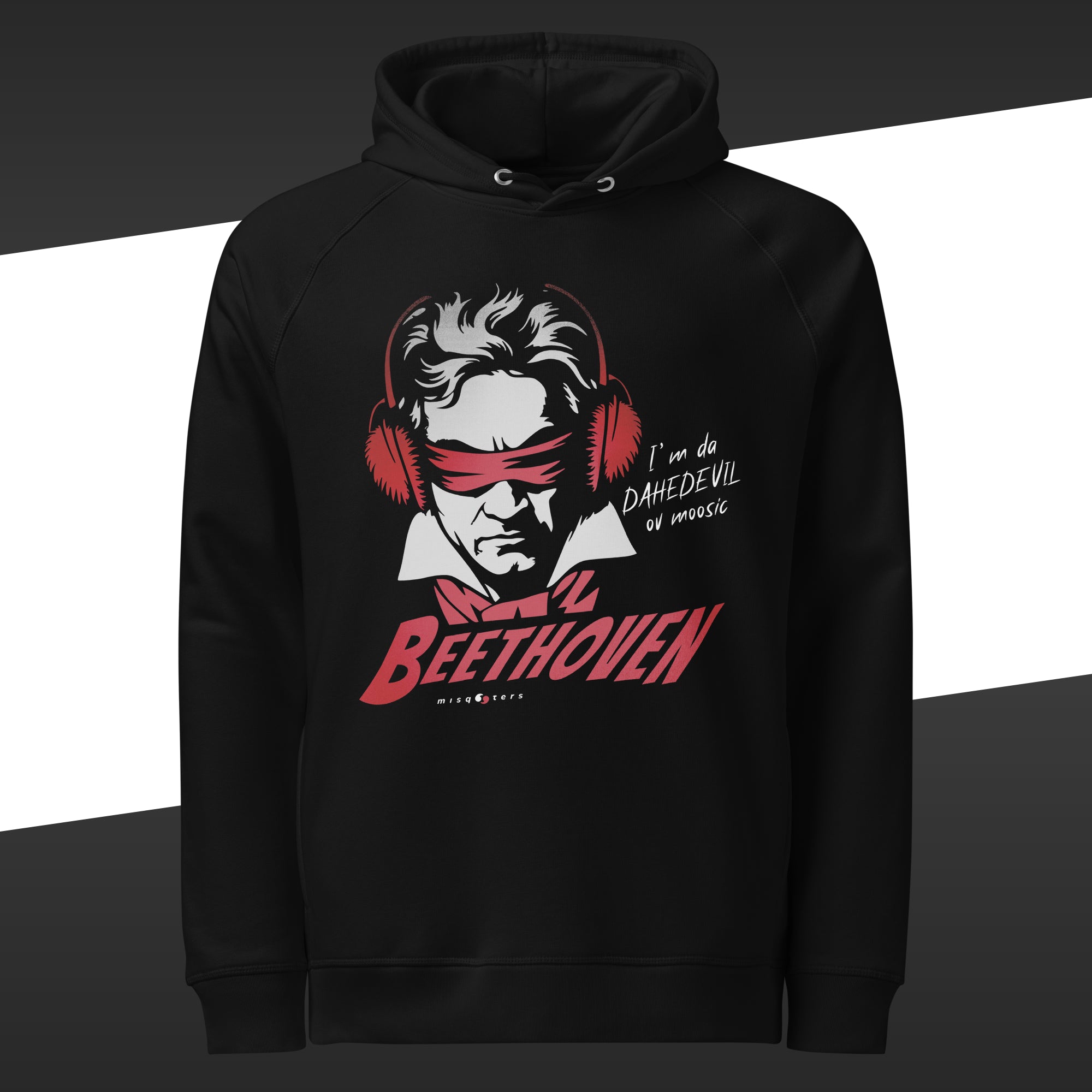 Black hoodie with a red and white graphic of Beethoven and the fake quote: "I´m the Dahedevil of moosic"