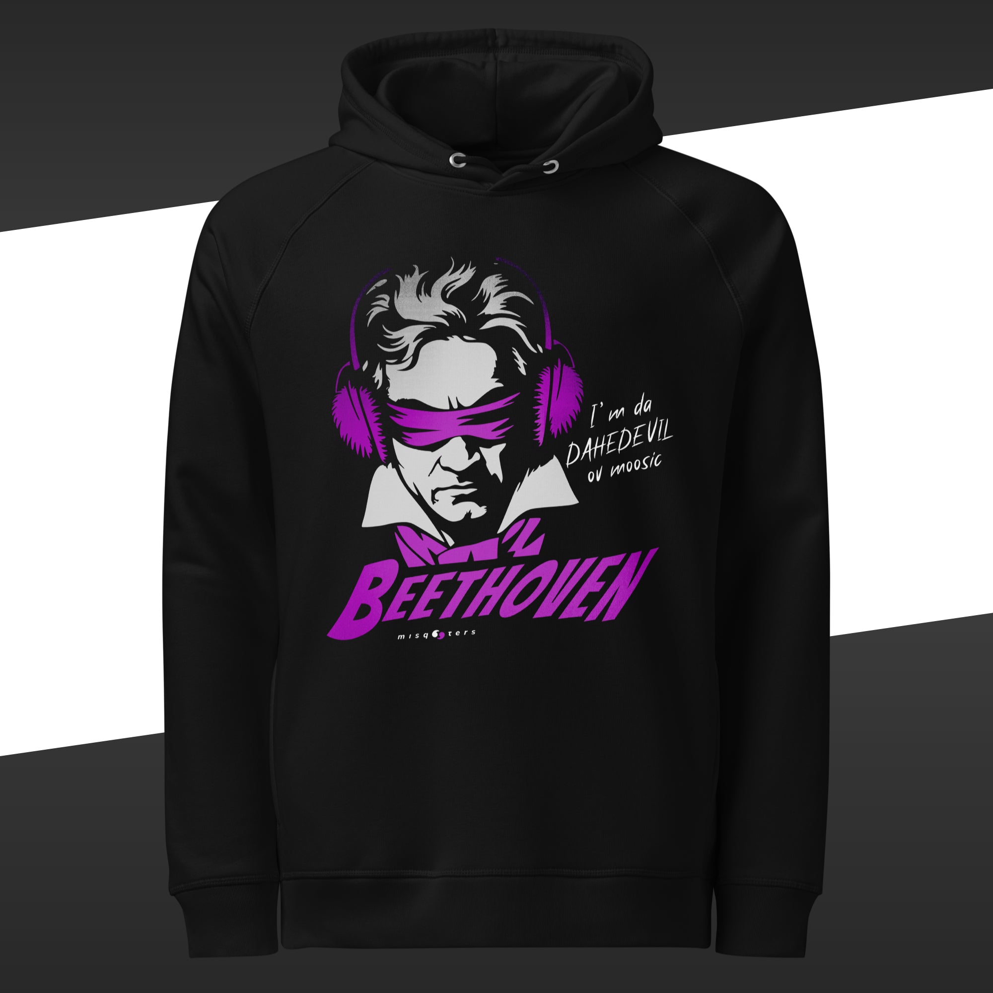 Black hoodie with a purple and white graphic of Beethoven and the fake quote: "I´m the Dahedevil of moosic"