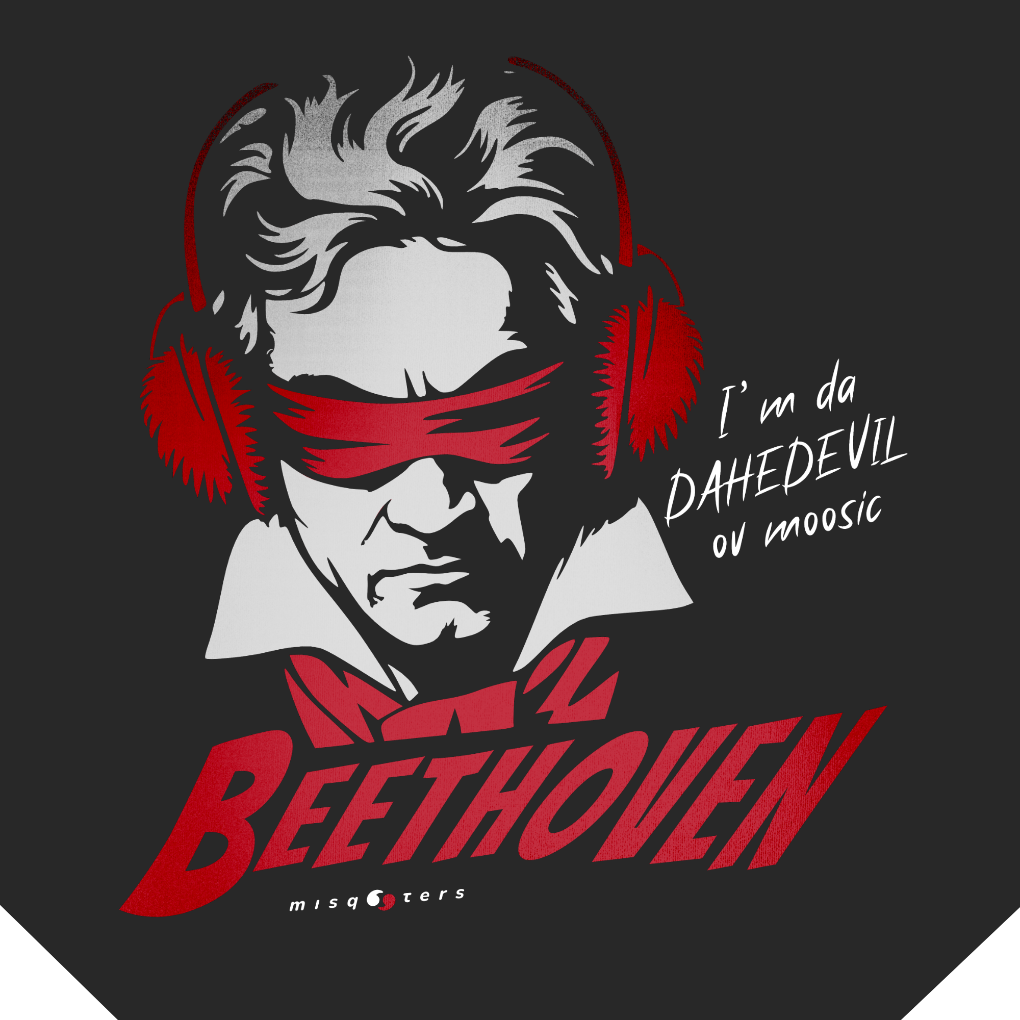 Stylized illustration of Beethoven with red headphones and text on a black background
