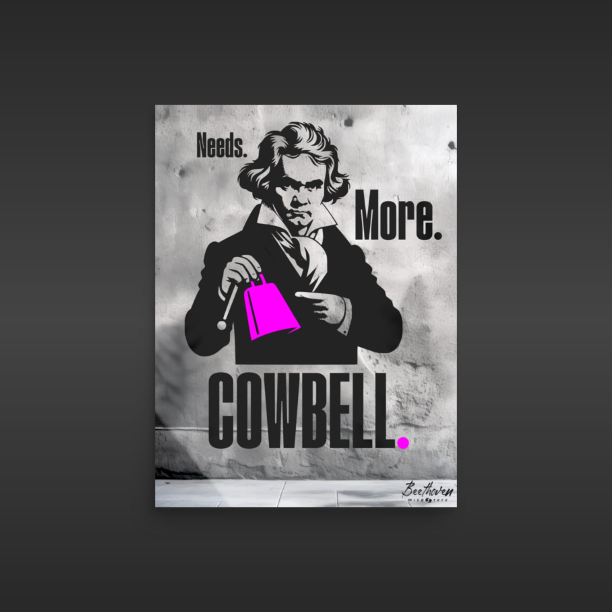 Poster with a stylized illustration of a person holding a pink cowbell against a dark background.