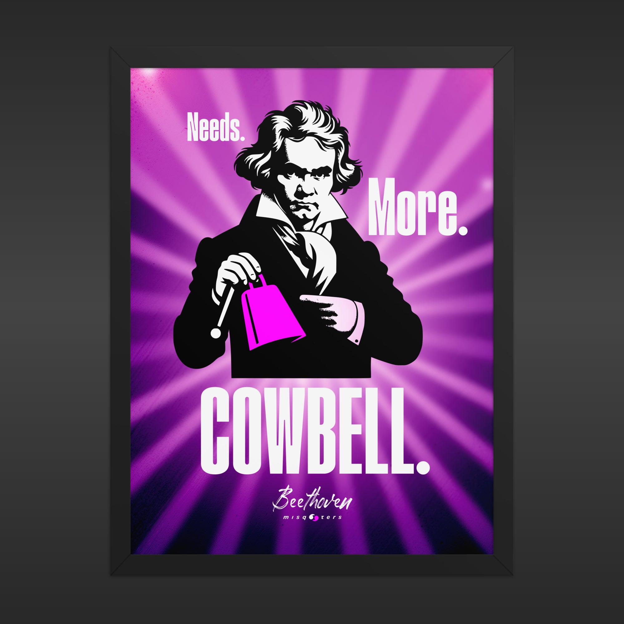 Framed poster with a stylized illustration of a man holding a cowbell against a purple background with text.