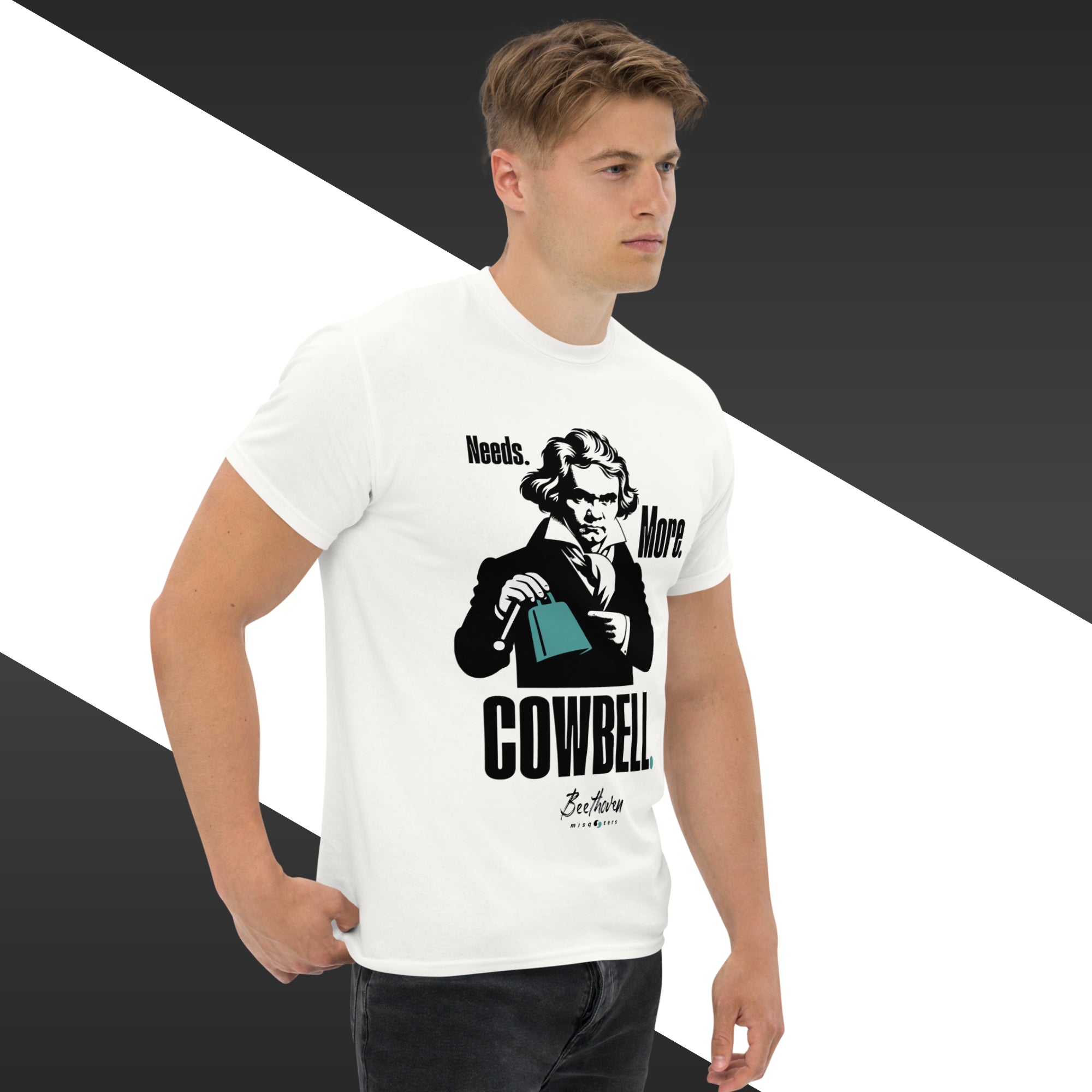 Person wearing a white t-shirt with a graphic design and text on a black and white background