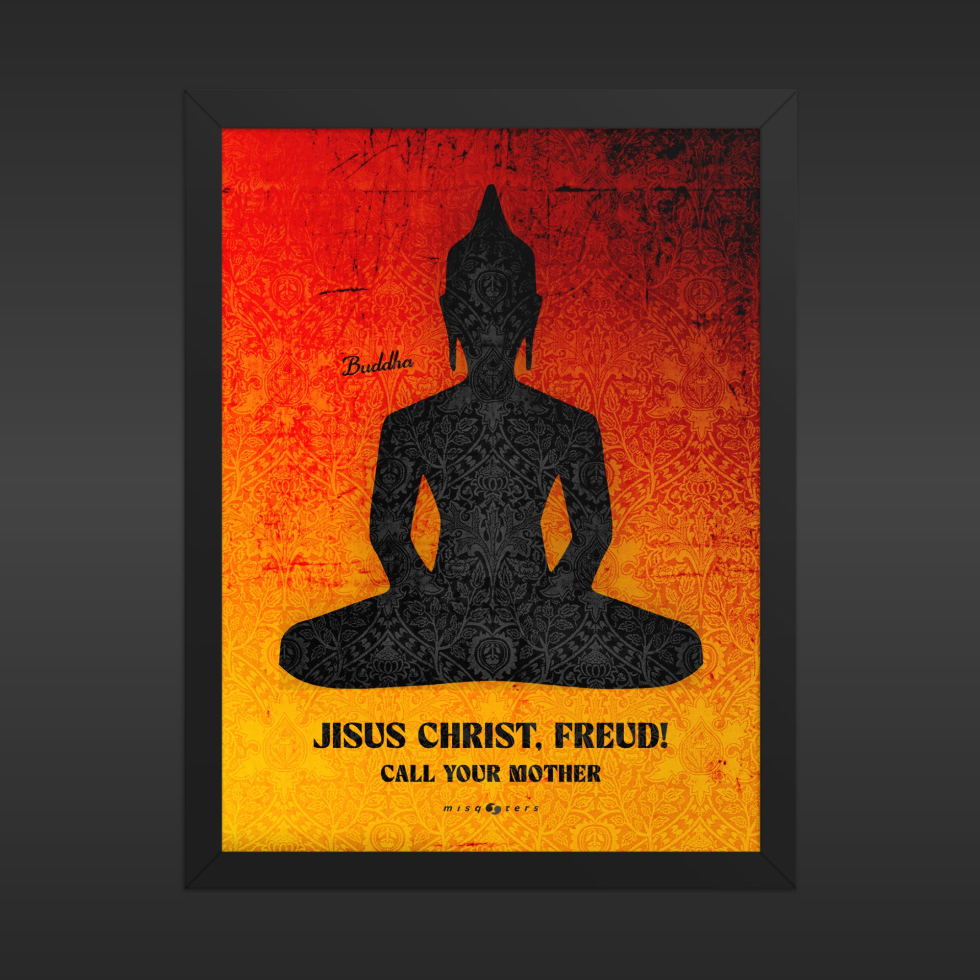Framed artwork with a black silhouette of a meditating figure on a red and orange background with text.