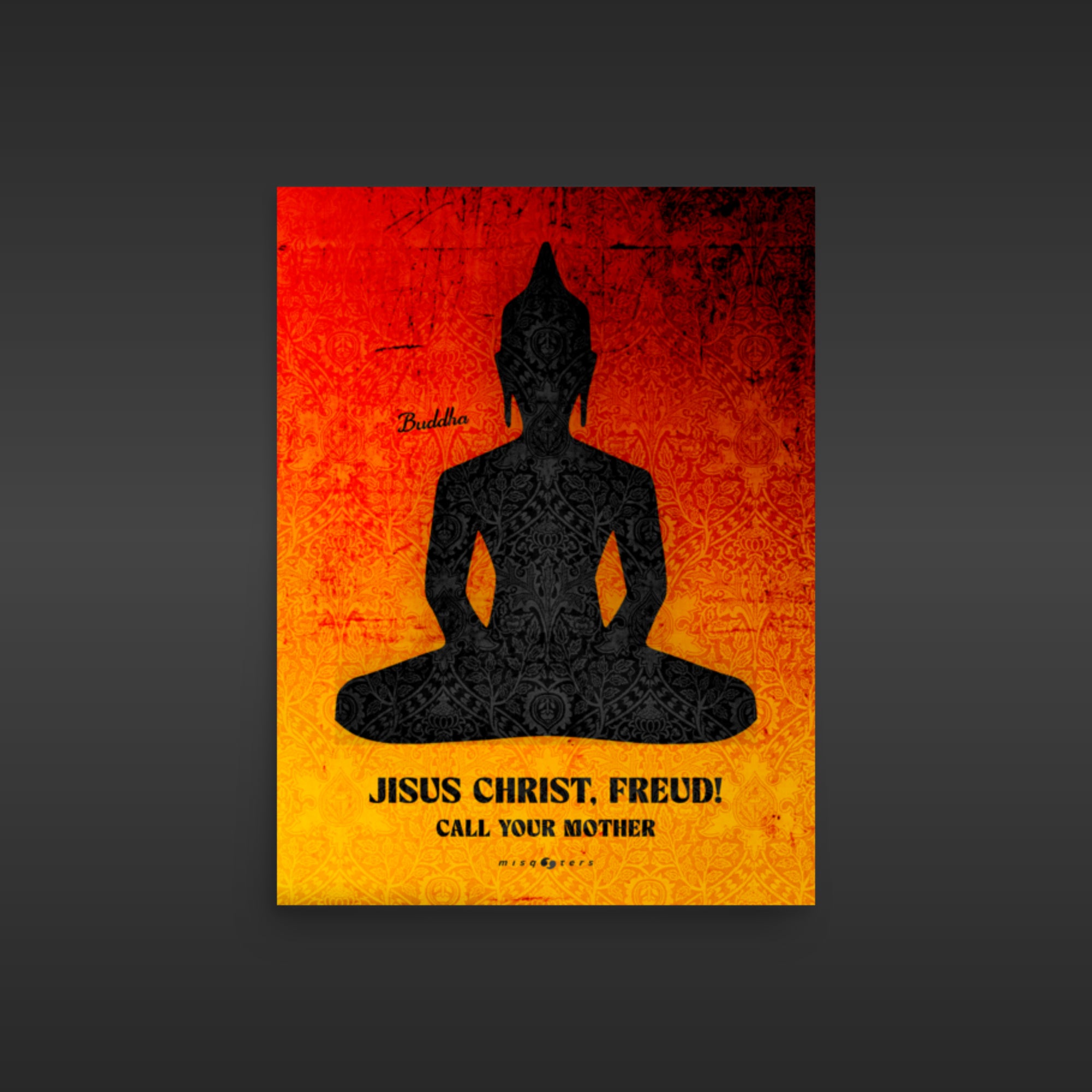 Silhouette of a Buddha figure on a red and orange background with text.