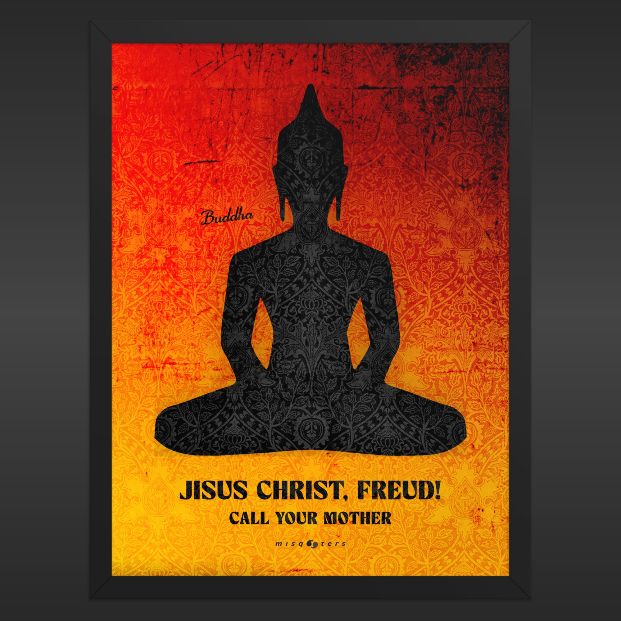 Framed poster with a black silhouette of a meditating figure on a red and orange background with text.