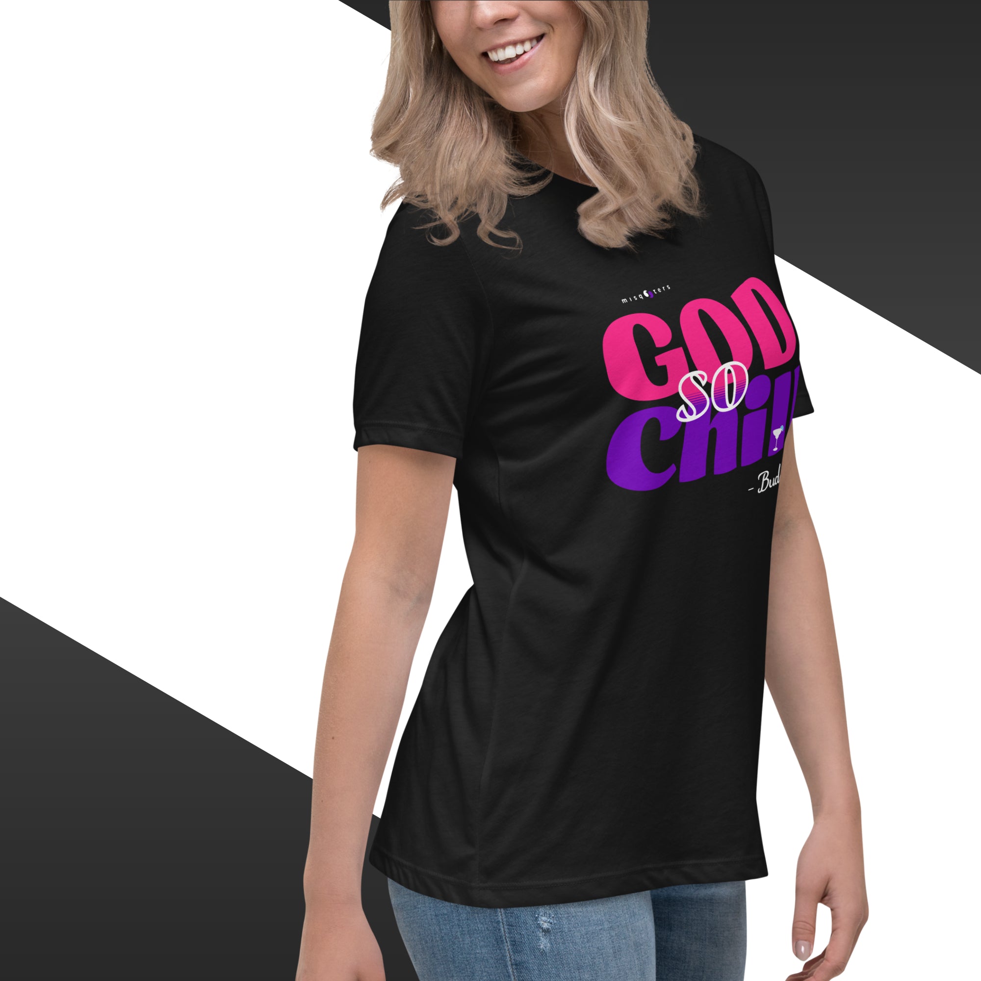 Person wearing a black t-shirt with colorful text design on a white background