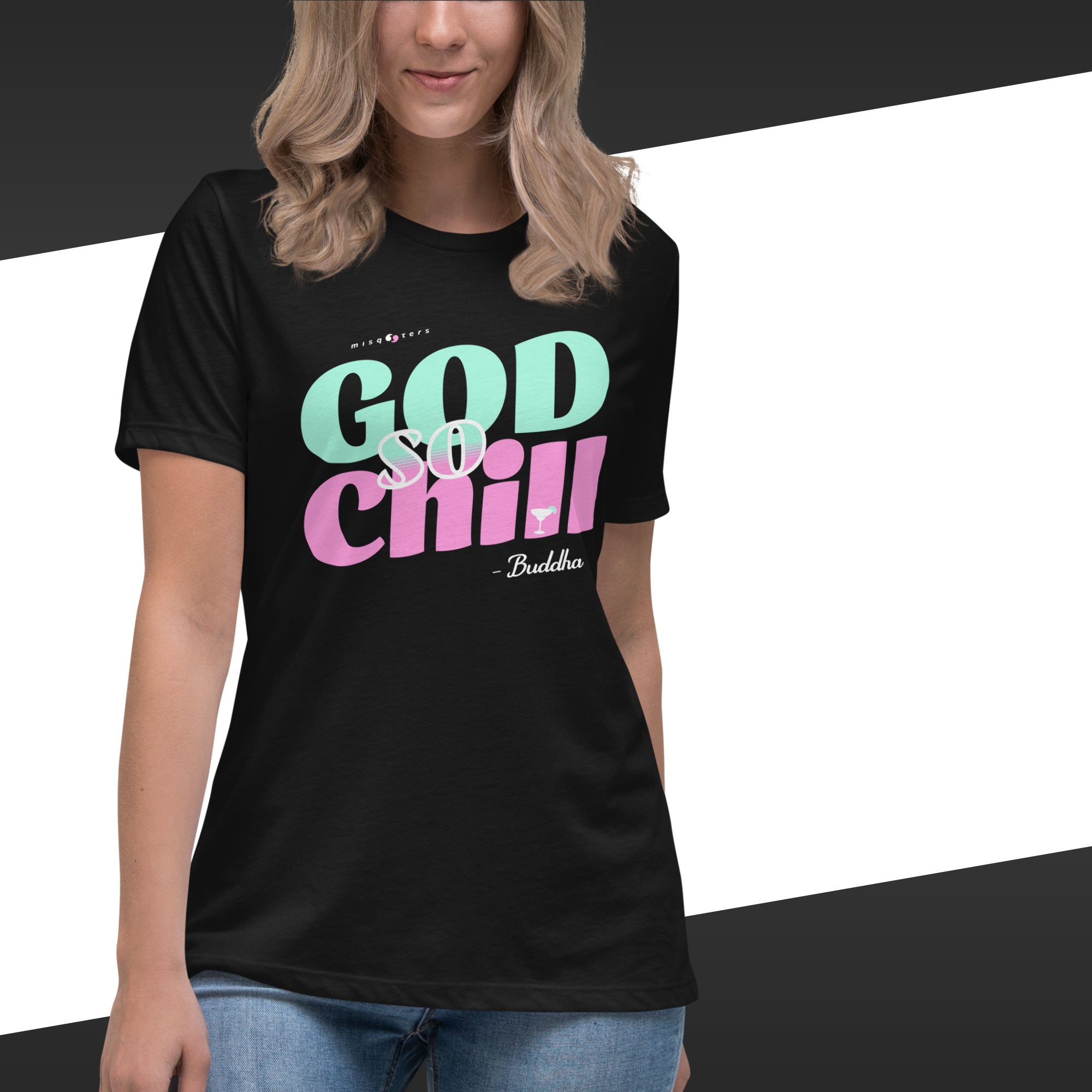 Person wearing a black t-shirt with 'God So Chill Buddha' text design.