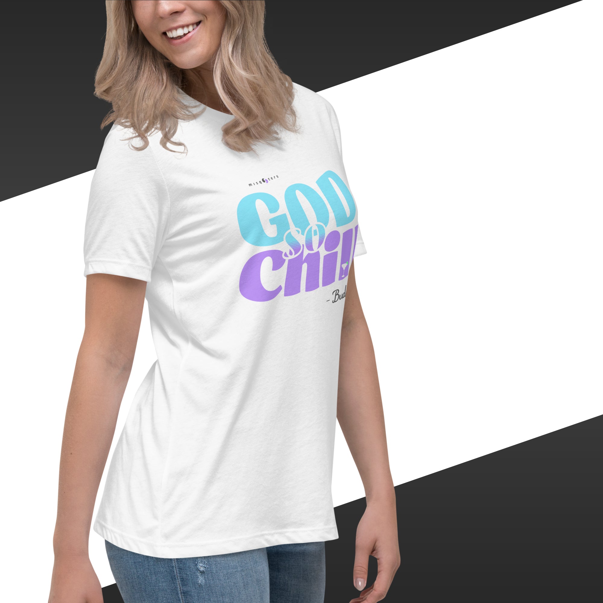 Person wearing a white t-shirt with colorful text on a black and white background
