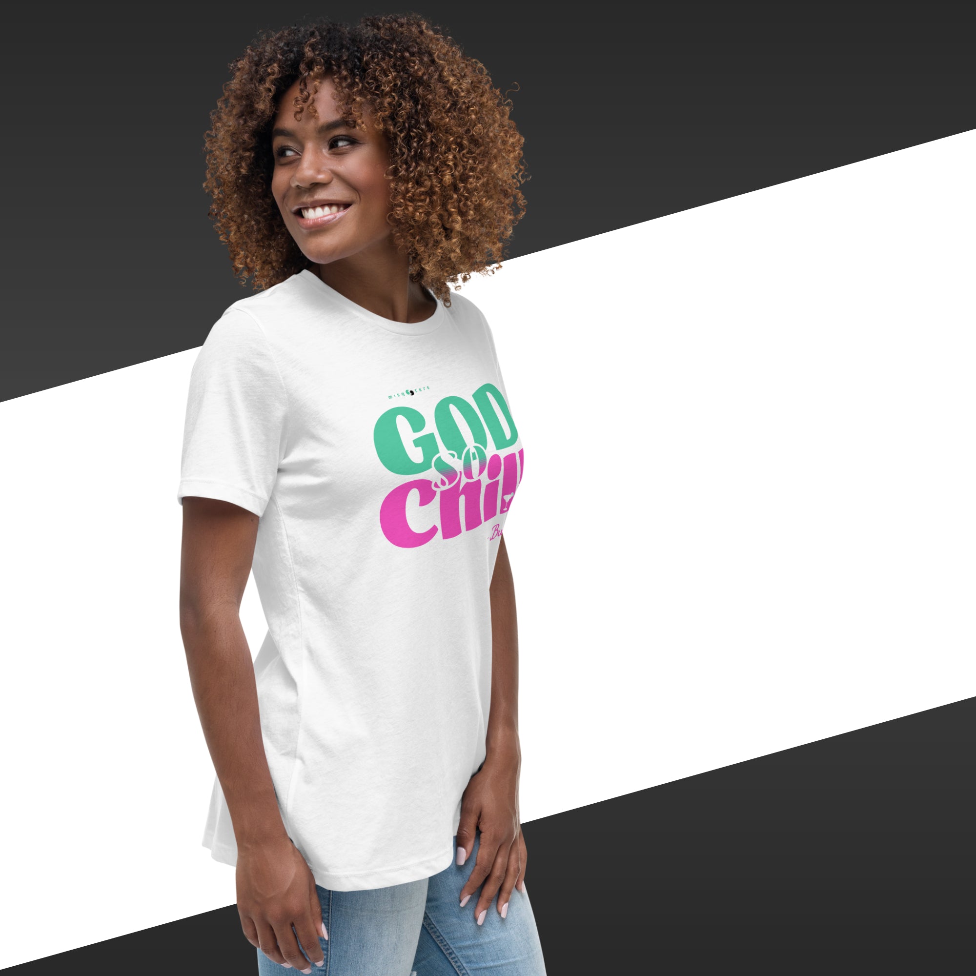 Woman wearing a white t-shirt with colorful text on a black and white background