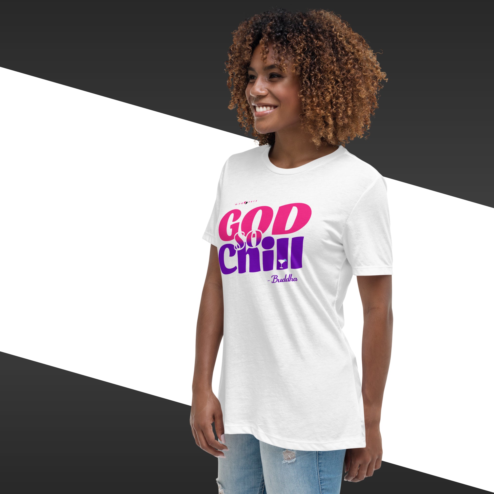 Woman with a colorful t-shirt stating "God so chill" and signed by Buddha